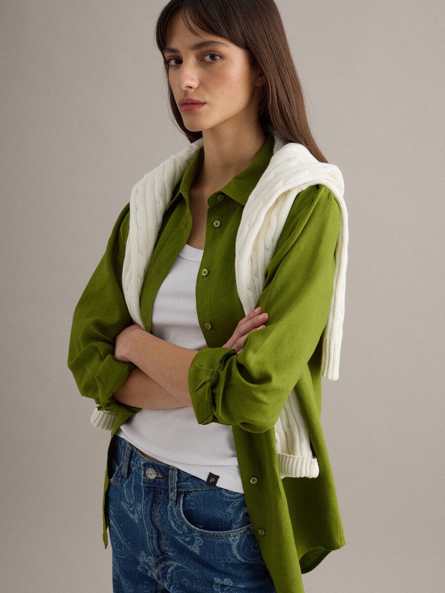 Camicia in puro lino verde regular fit_3