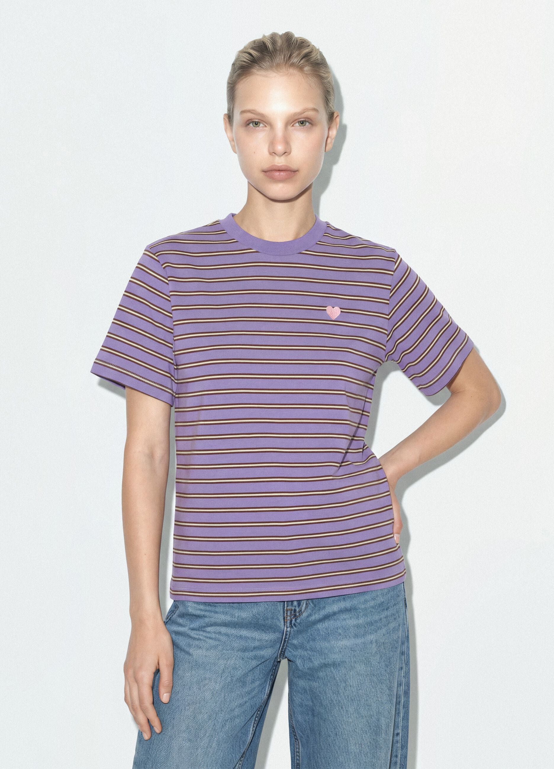 Purple relaxed-fit striped pure cotton T-shirt with embroidered heart