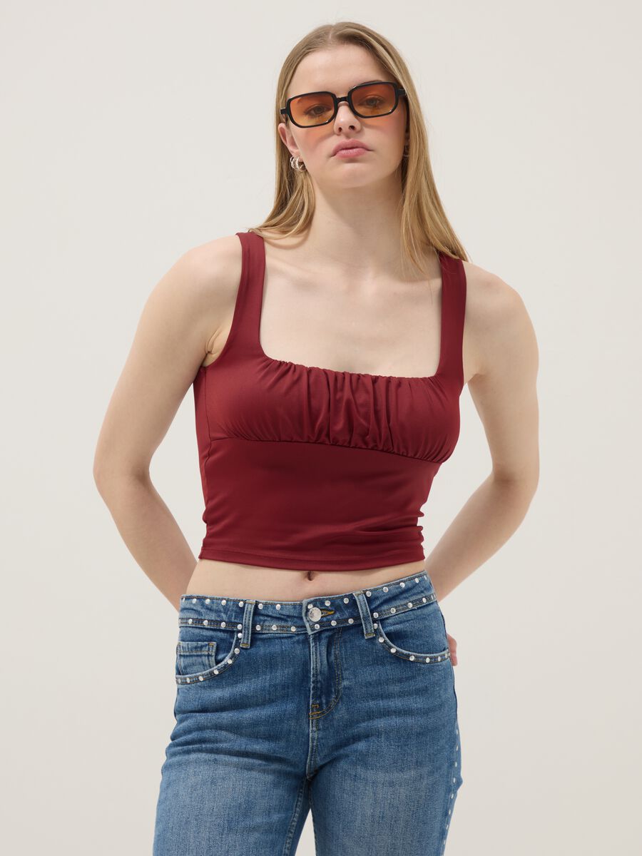 Tank top in tessuto elasticizzato rosso regular fit con pieghe_0