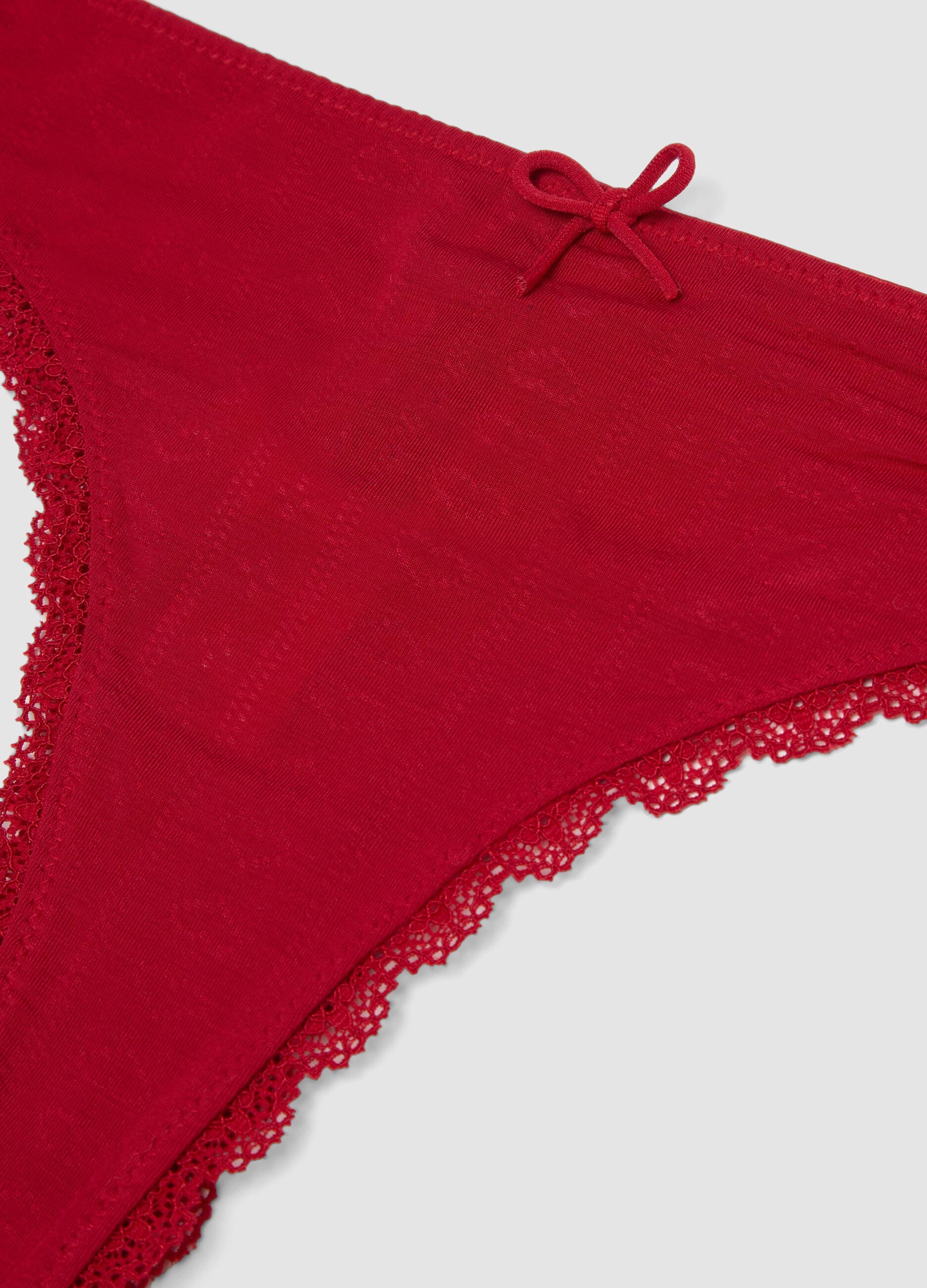Red organic cotton Brazilian briefs with lace trim