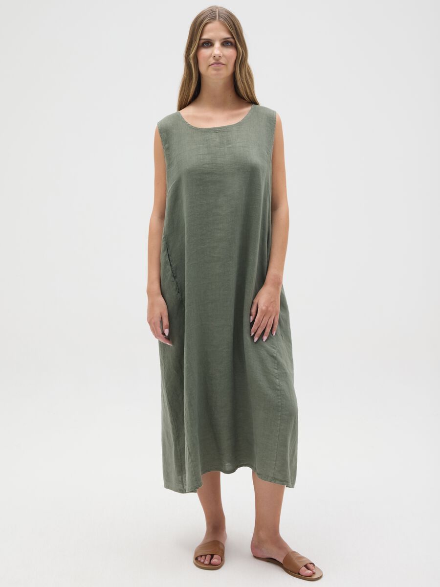 Women's dress in pure green linen regular fit_0