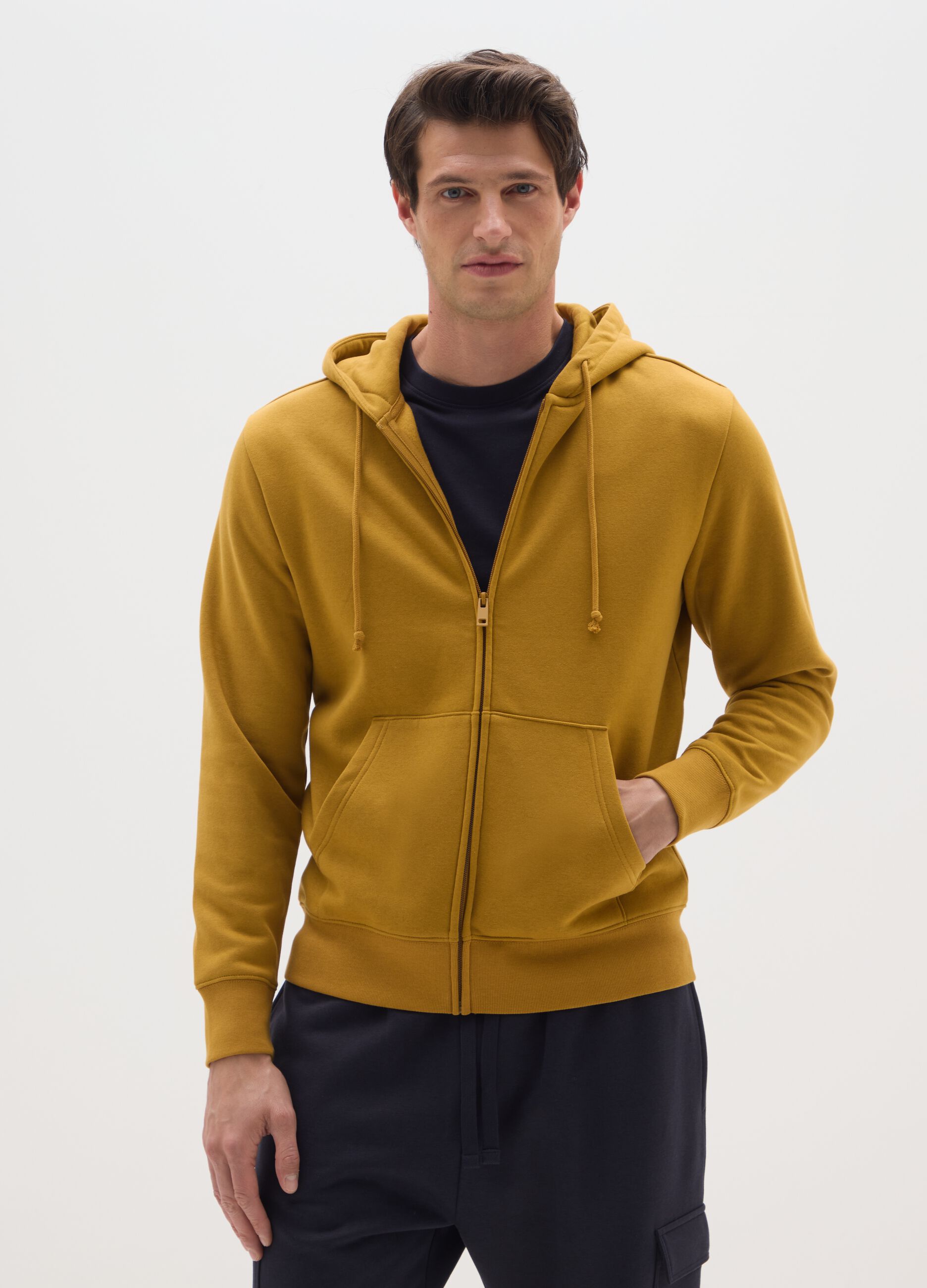 Yellow regular fit cotton blend hoodie with zip