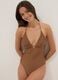 Brown stretch-fabric one-piece swimsuit with braided tie straps_1