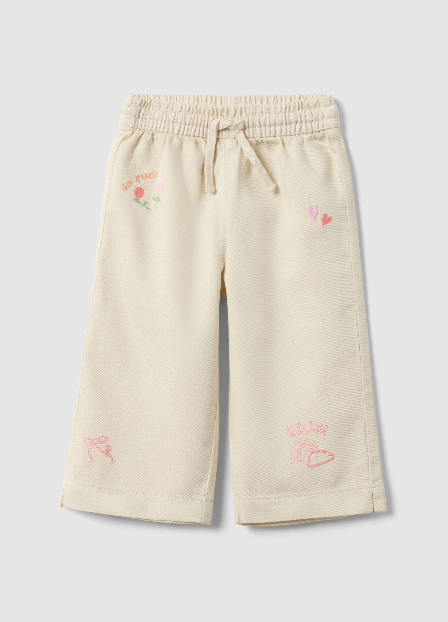 Beige wide-leg pure cotton trousers for baby girls with embroidered detailing