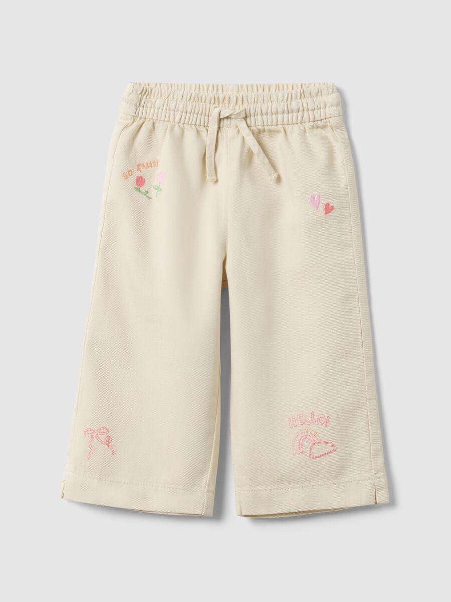 Beige wide-leg pure cotton trousers for baby girls with embroidered detailing_0