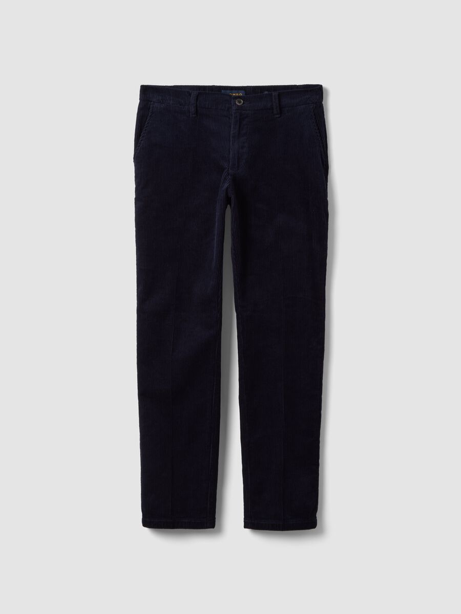 Pantaloni chino blu in cotone elasticizzato a coste regular fit_4