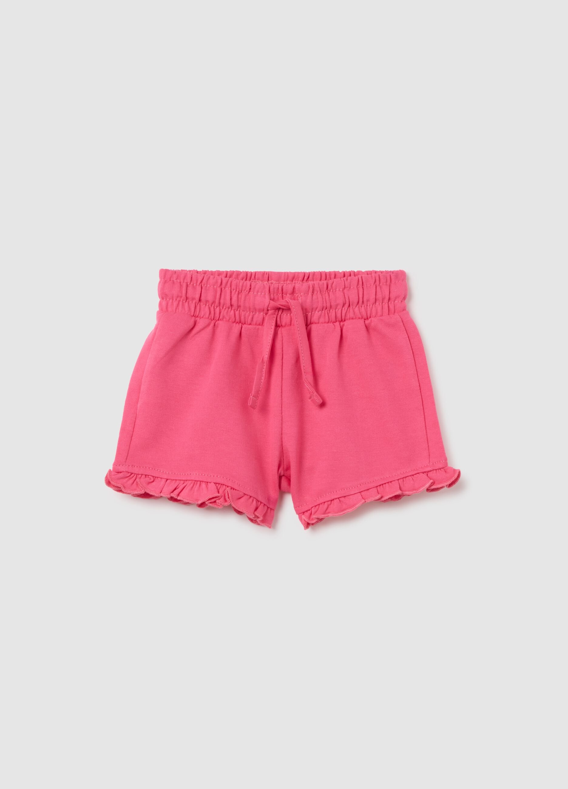 Pantaloncini da bambina in puro cotone rosa regular fit con volant
