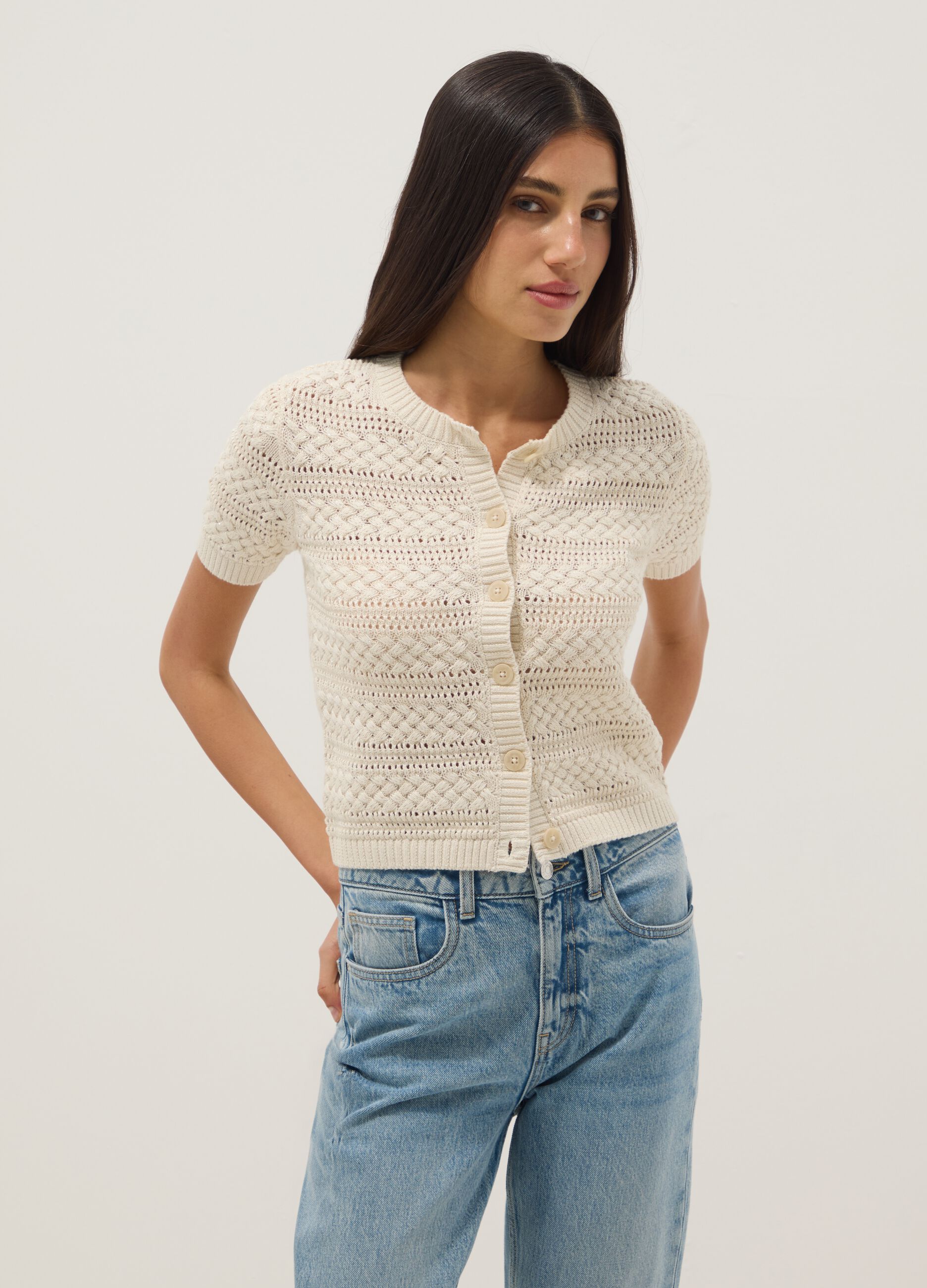 White cotton-blend regular-fit knitted cardigan