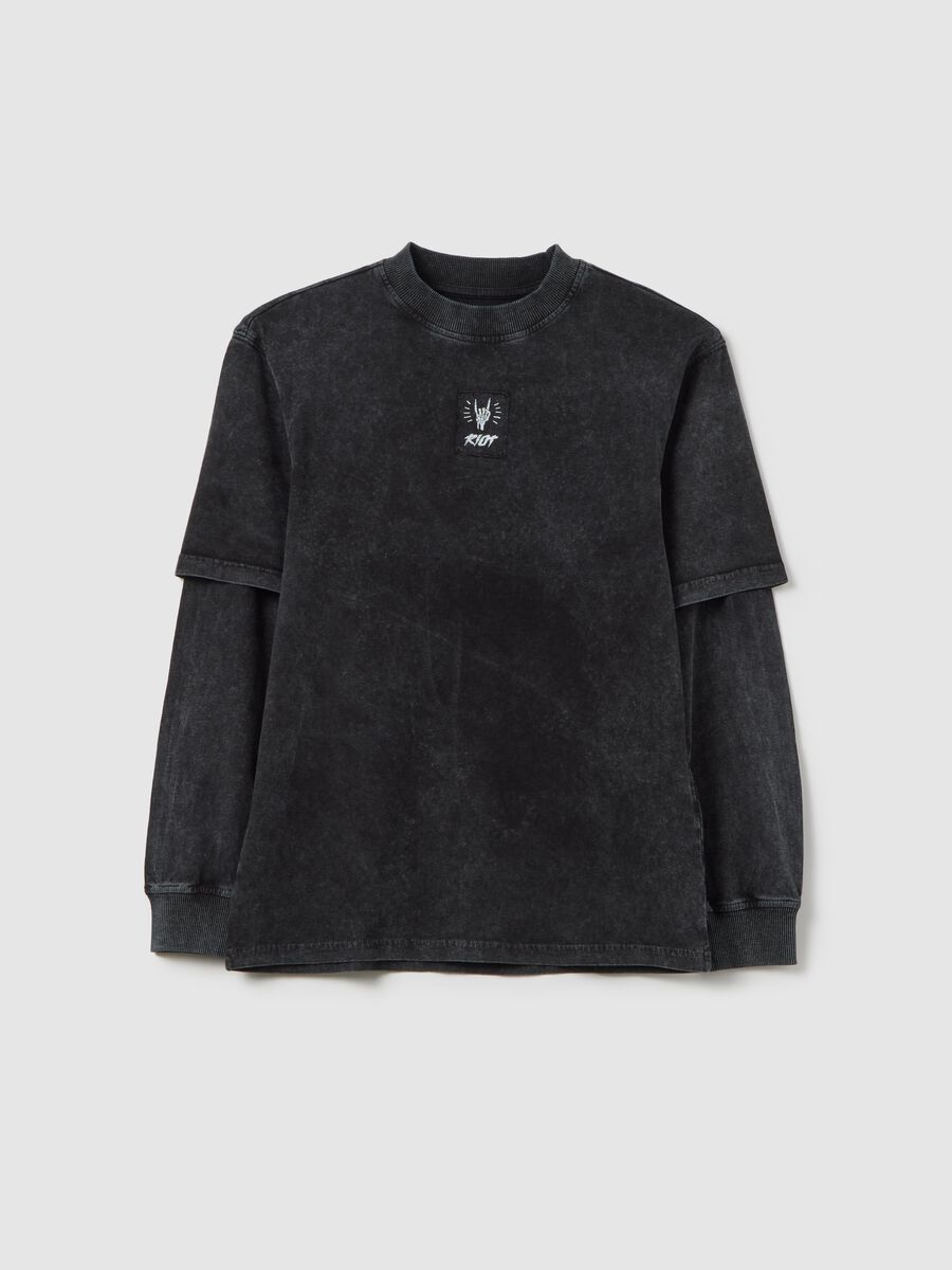 T-shirt nera a maniche lunghe da ragazzo in puro cotone _0