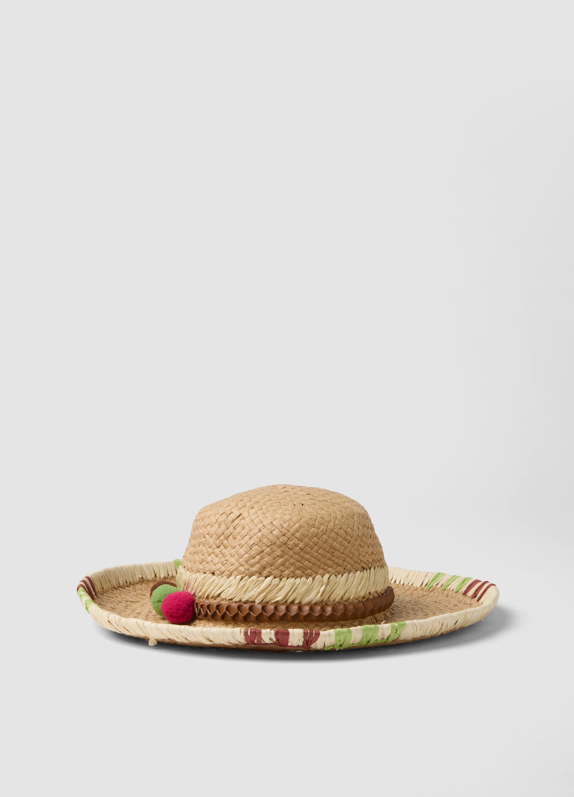 Beige paper-fabric hat with colourful pom-poms