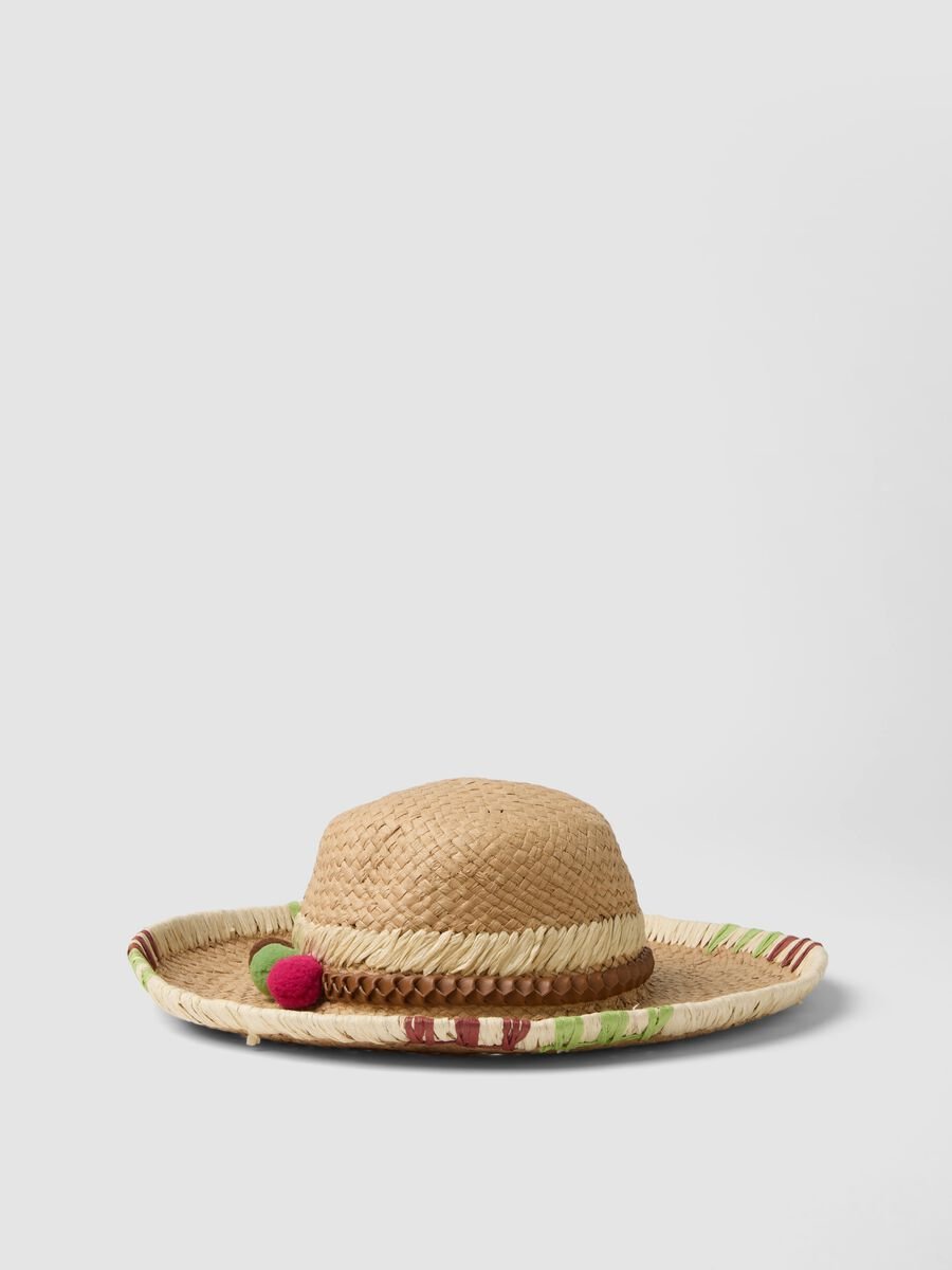 Cappello in puro tessuto carta beige con pompon colorati_0