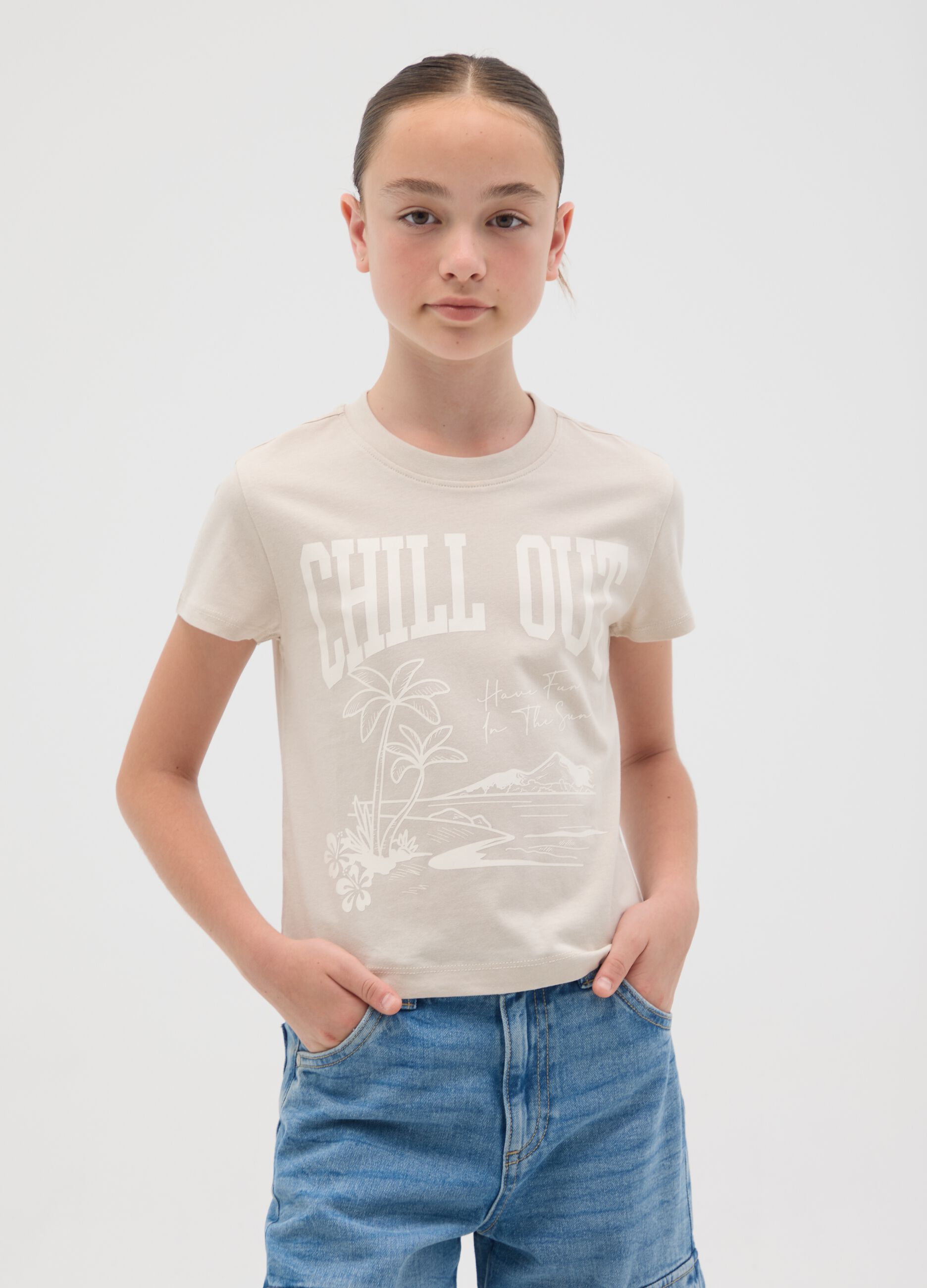 Beige girl's T-shirt in pure cotton regular fit with print