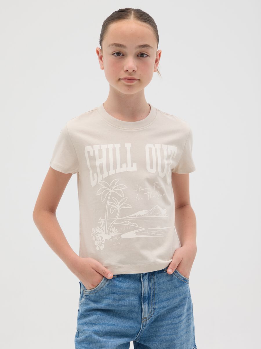 T-shirt da ragazza in puro cotone beige regular fit con stampa_0