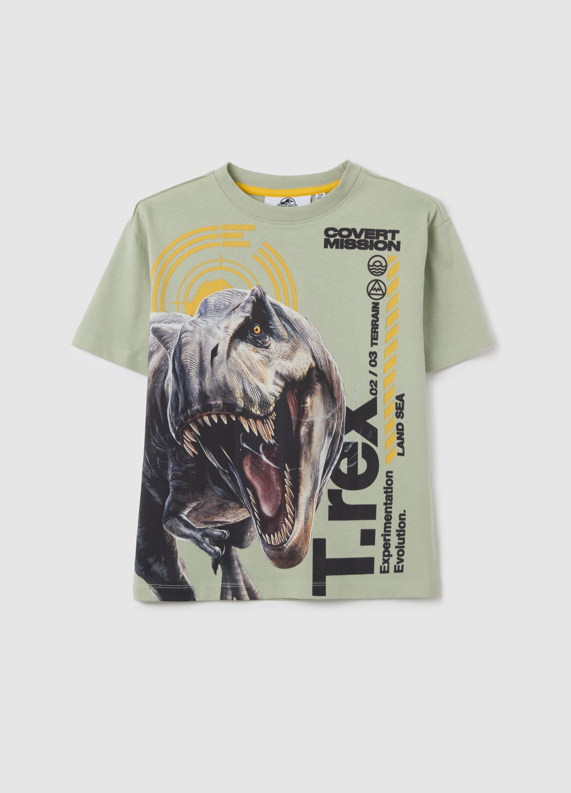 T-shirt verde da bambino in puro cotone con stampa dinosauro Jurassic World
