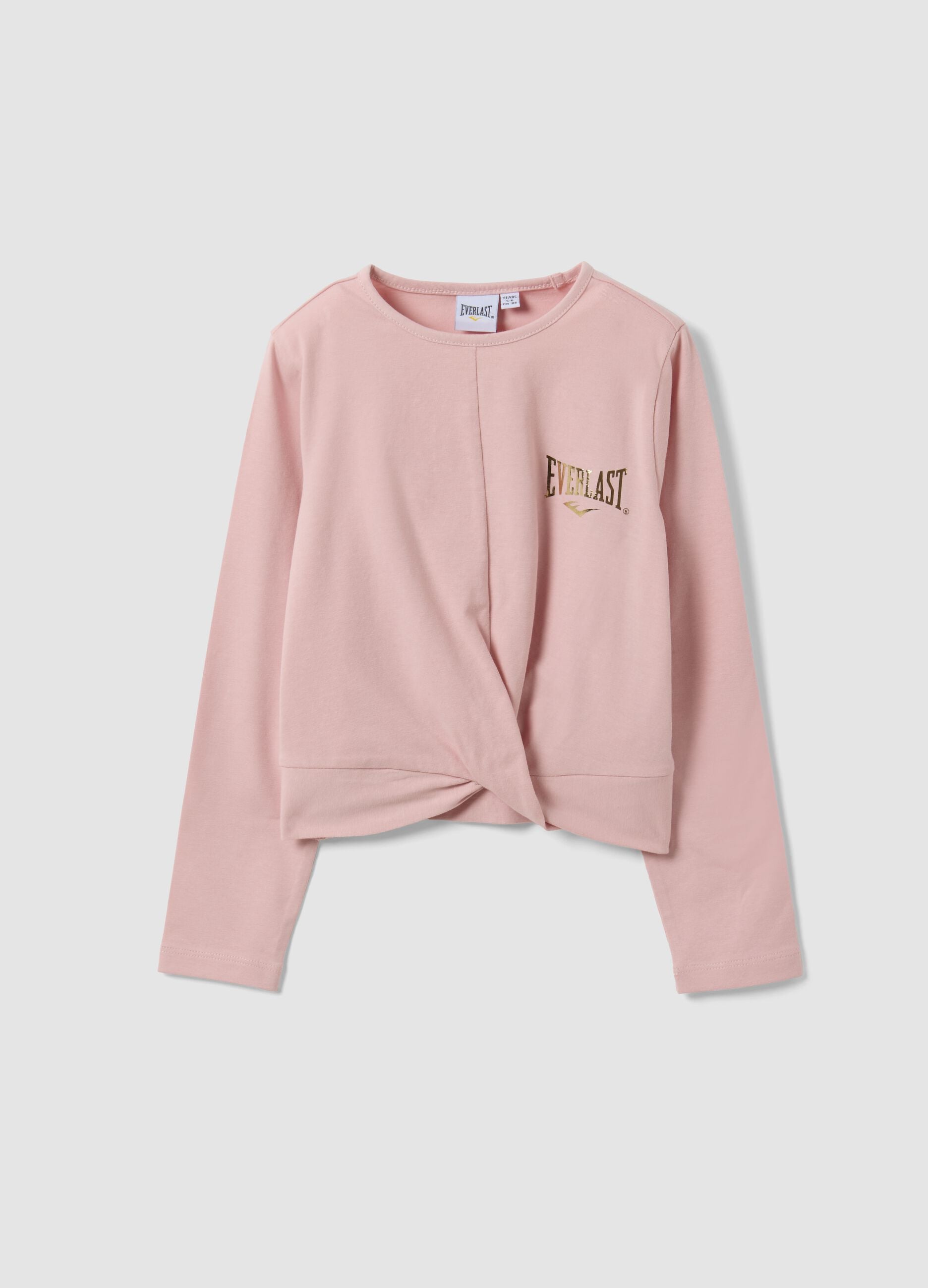 T-shirt rosa in cotone elasticizzato con nodo frontale e stampa per bambina