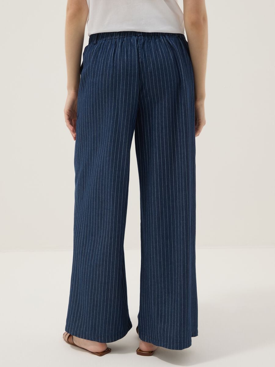 Pantaloni palazzo blu in puro cotone a righe_3