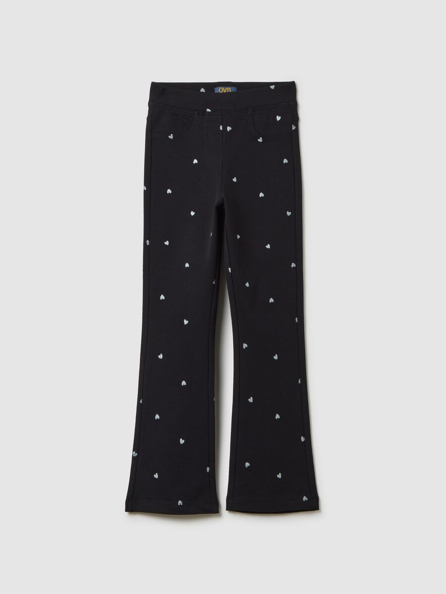 Girls' black cotton flare trousers with hearts_0