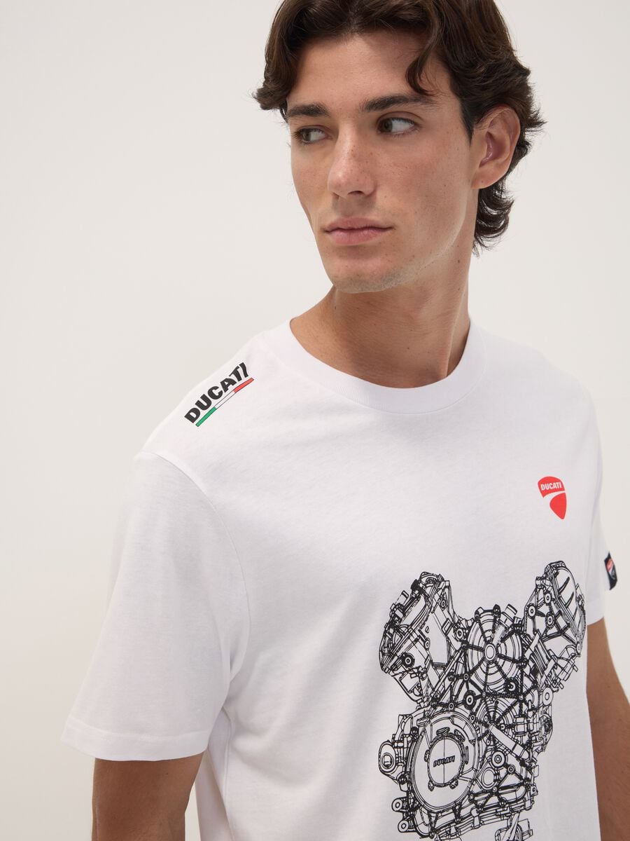 White pure cotton crew-neck T-shirt with Ducati print, regular fit_0