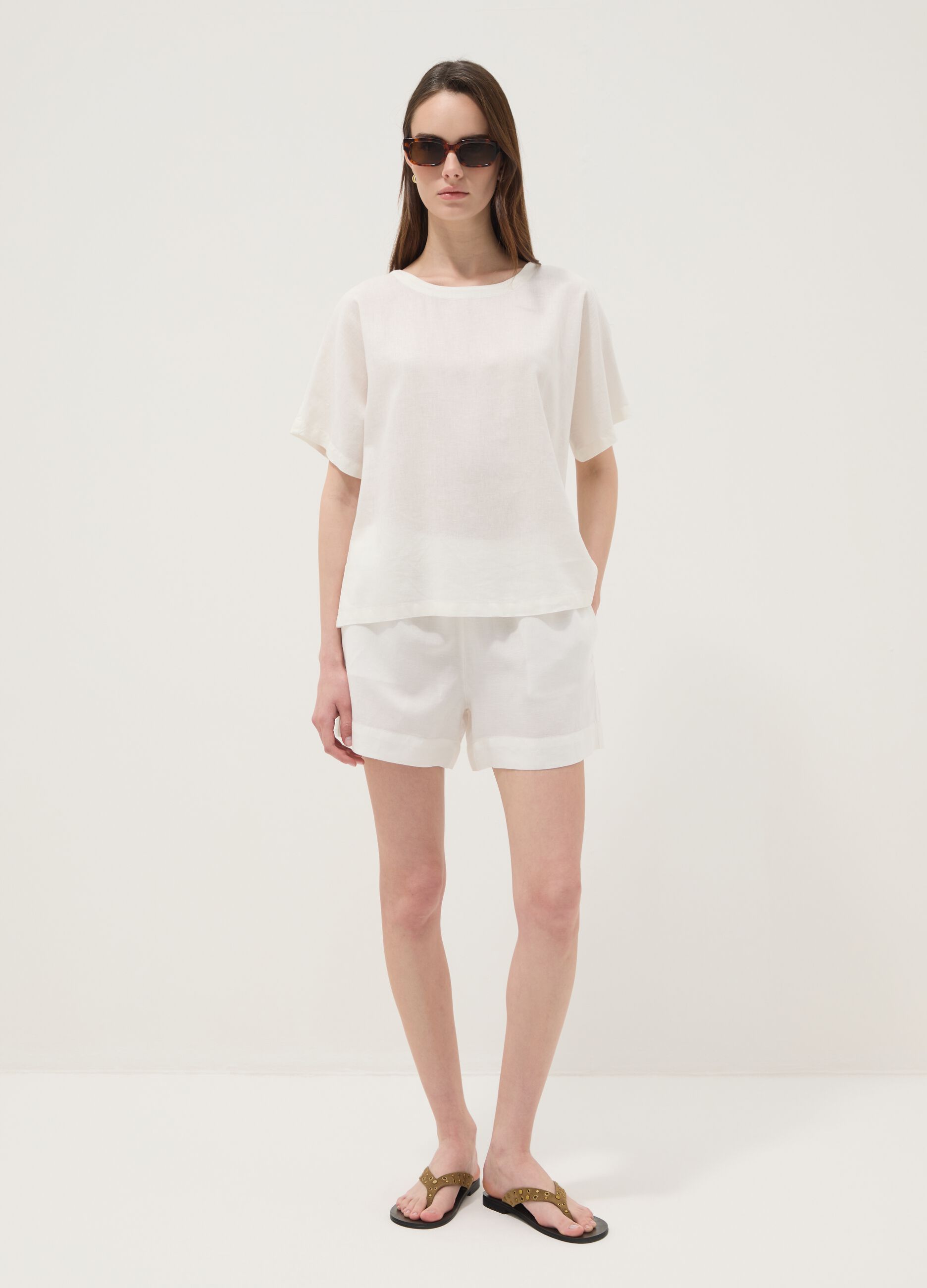 White linen and viscose blend blouse, regular fit