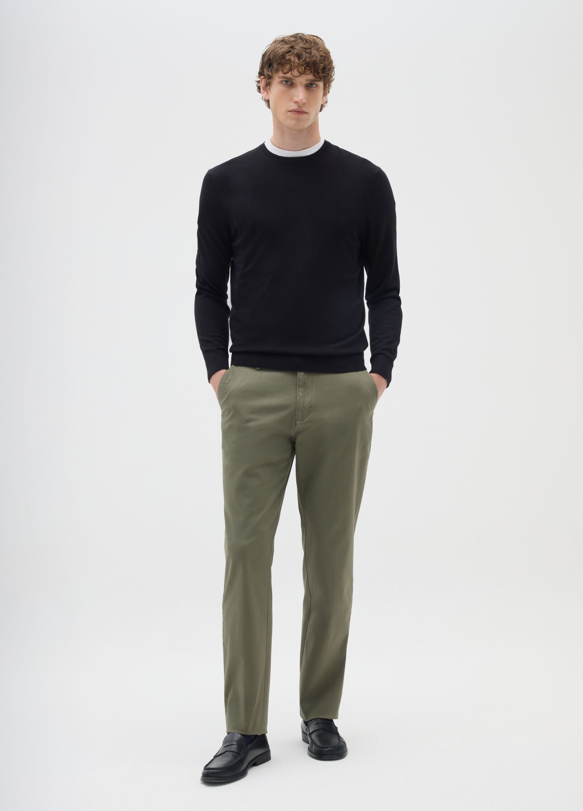 Green Stretch Cotton Regular Fit Trousers