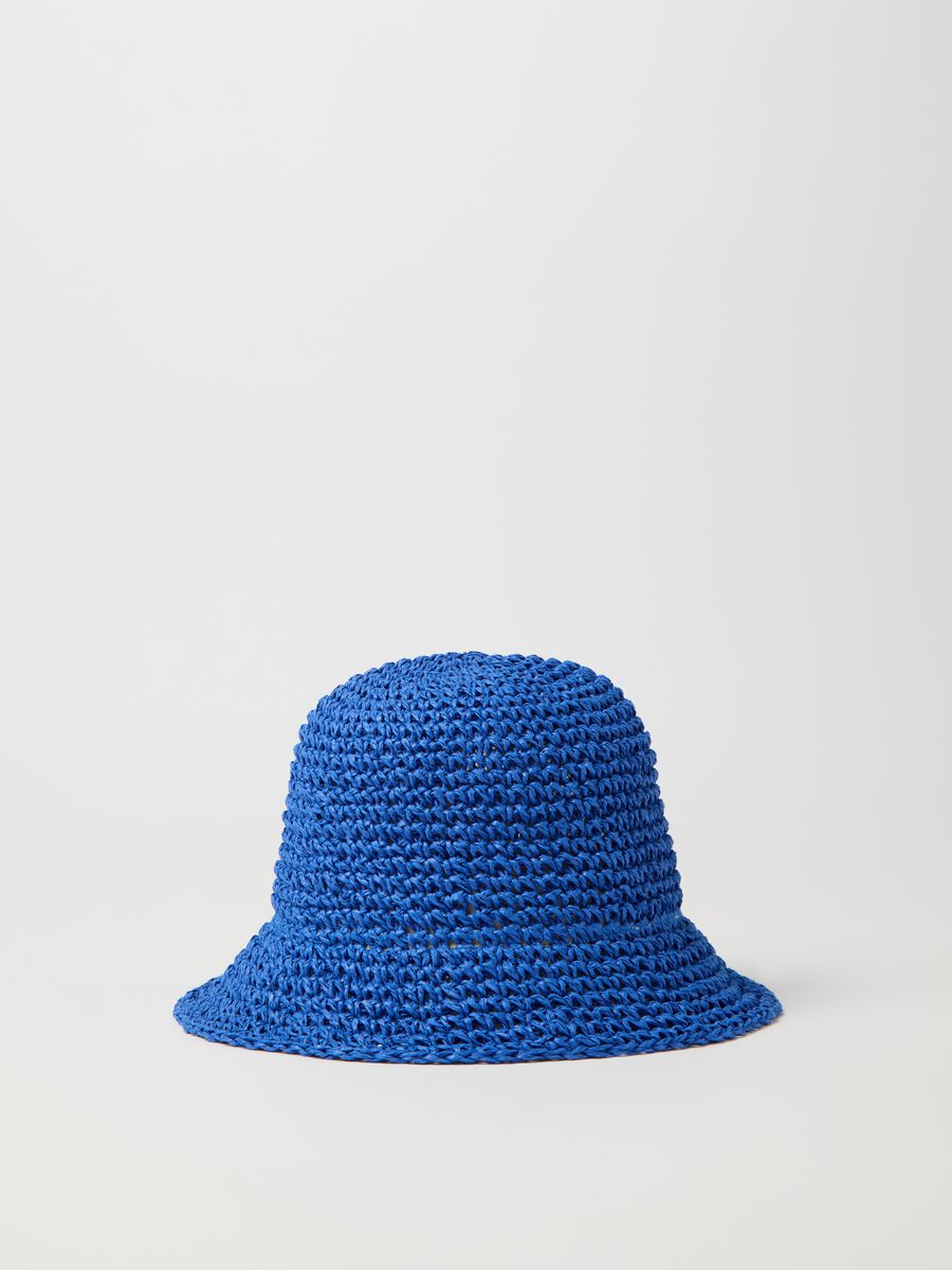 Blue cloche hat made of knitted paper textile_0