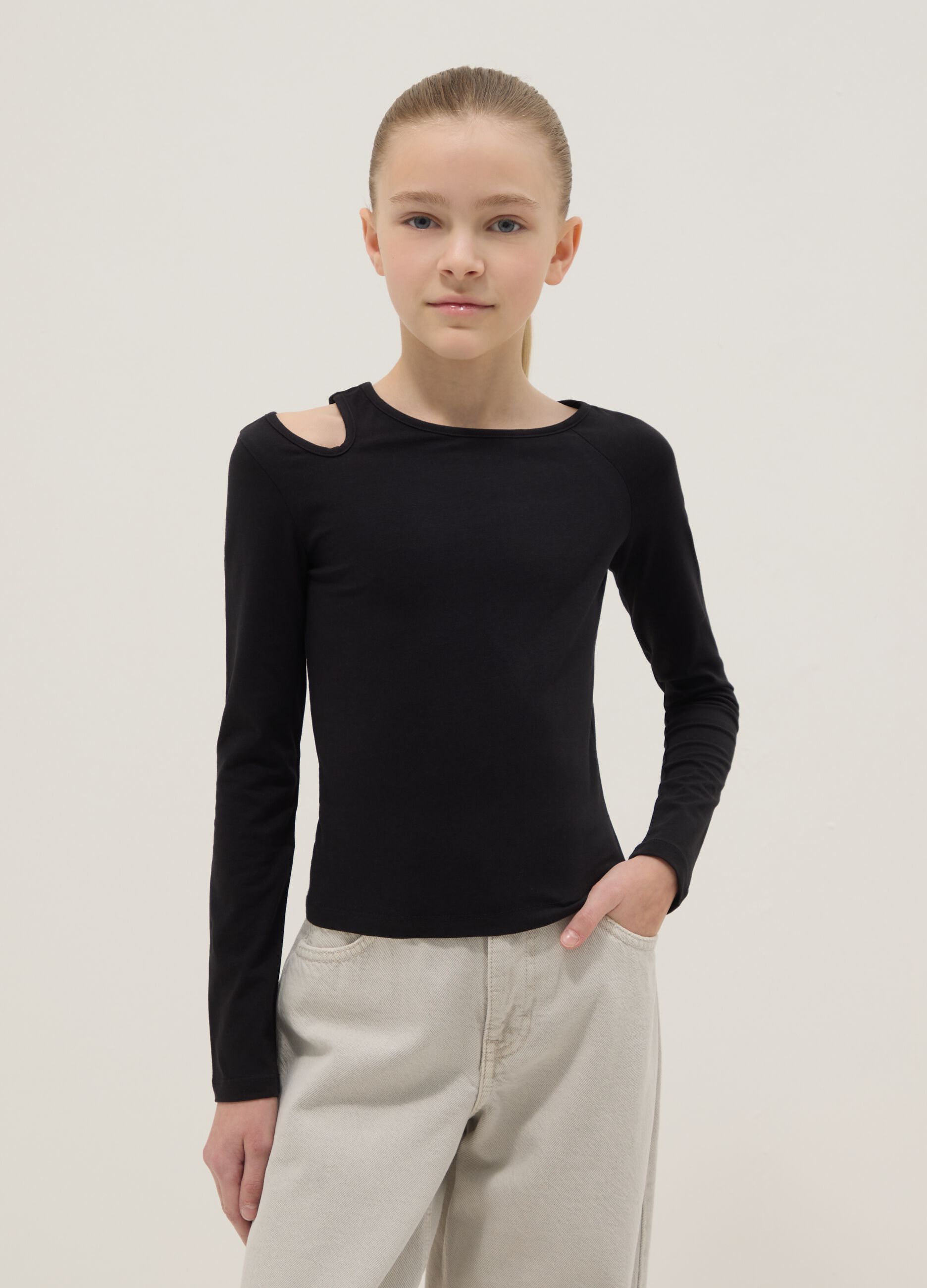 Black cotton blend slim fit girl's top with boat neckline