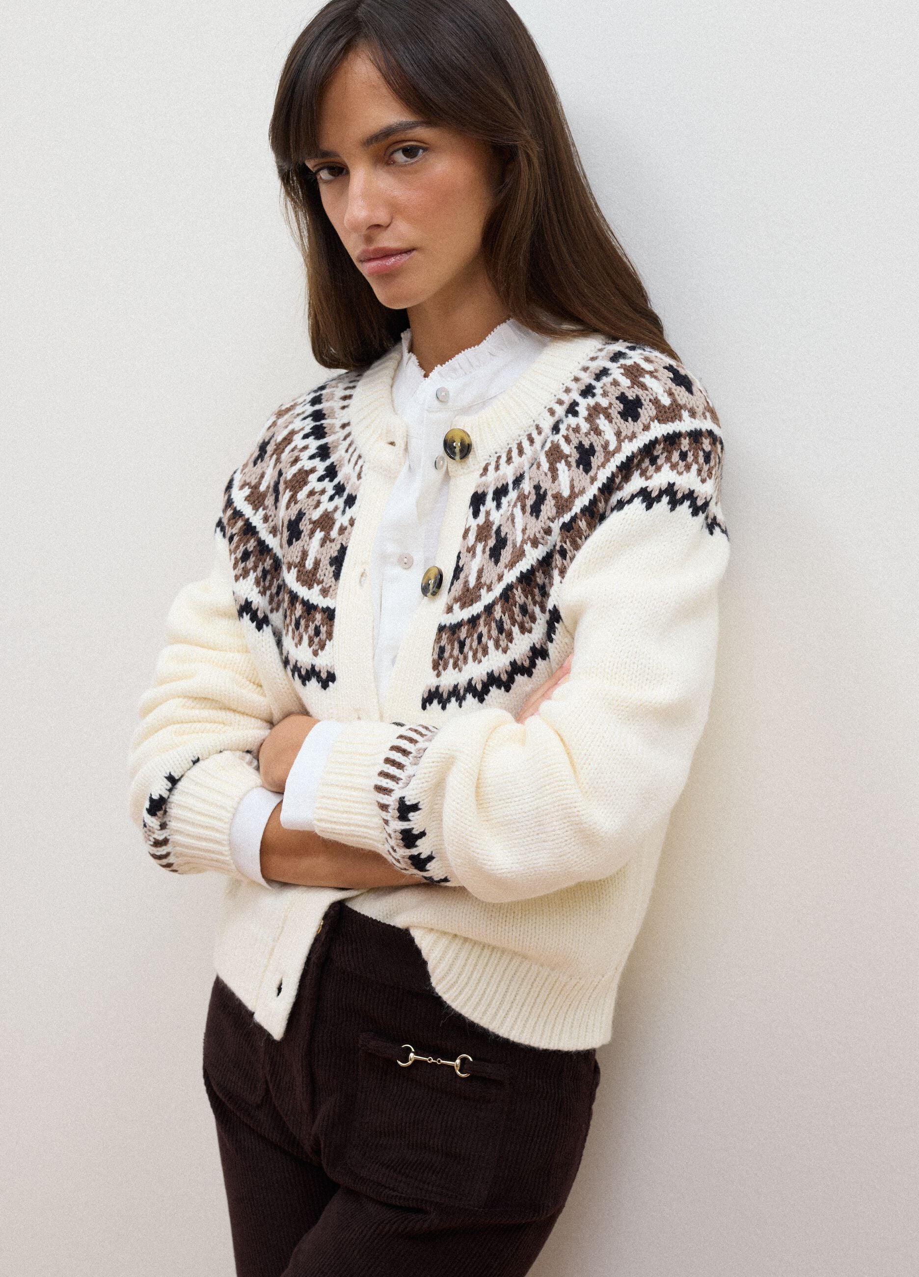 White jacquard wool-blend crew-neck cardigan