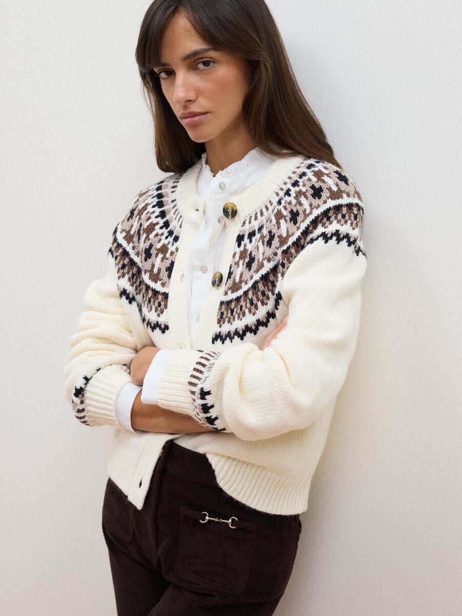 White jacquard wool-blend crew-neck cardigan_1