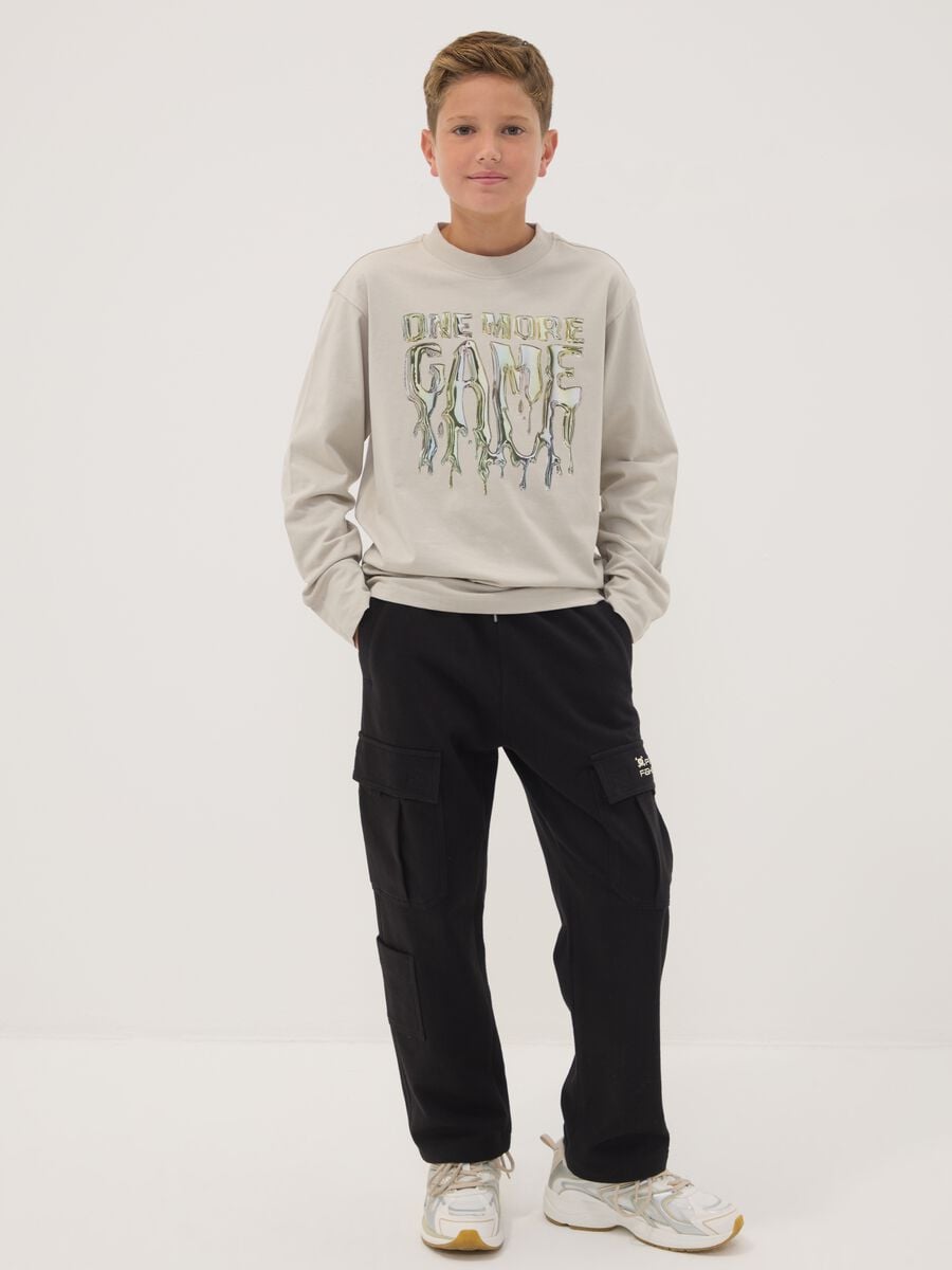 Pantaloni cargo neri in puro cotone con vita elasticizzata over fit_0
