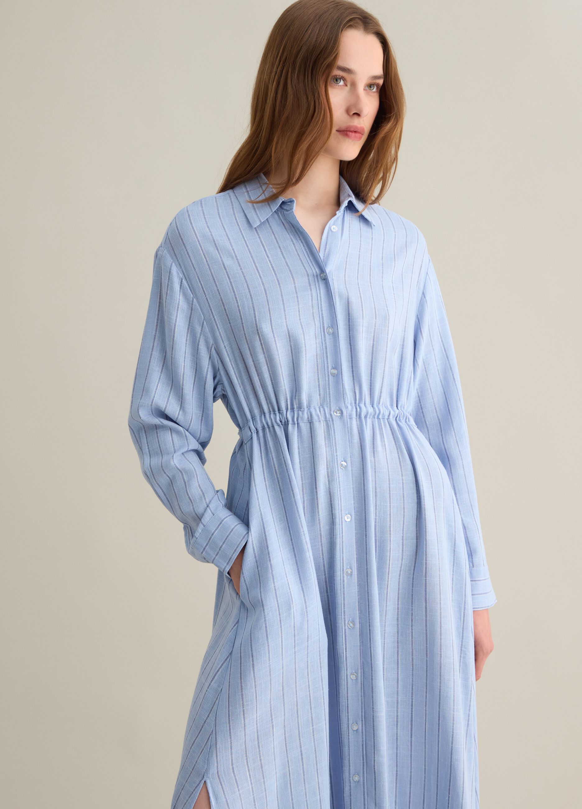 Women’s multicoloured regular-fit long dress in viscose and linen blend