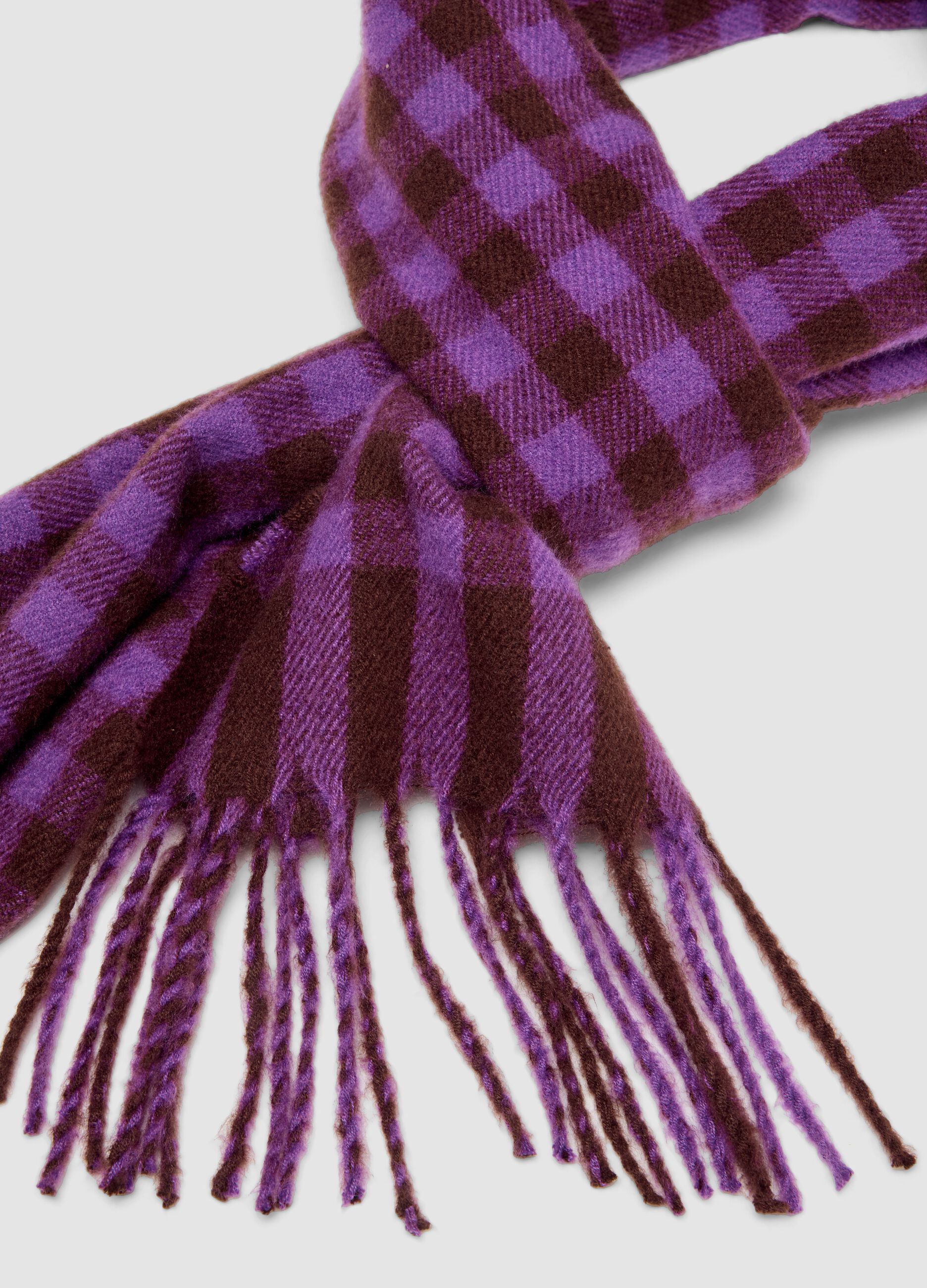 Purple checked viscose-blend scarf with fringes