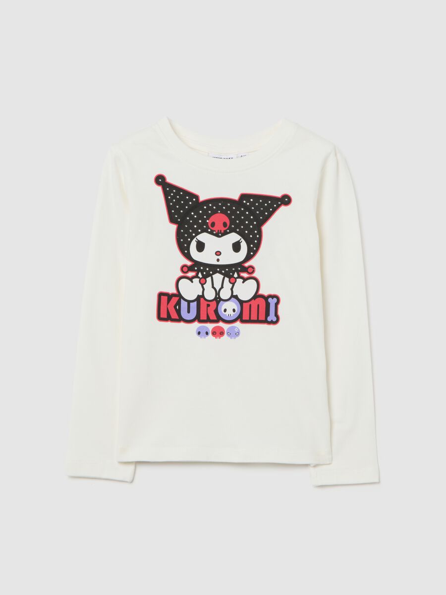 T-shirt bianca a maniche lunghe con grafica Kuromi_0
