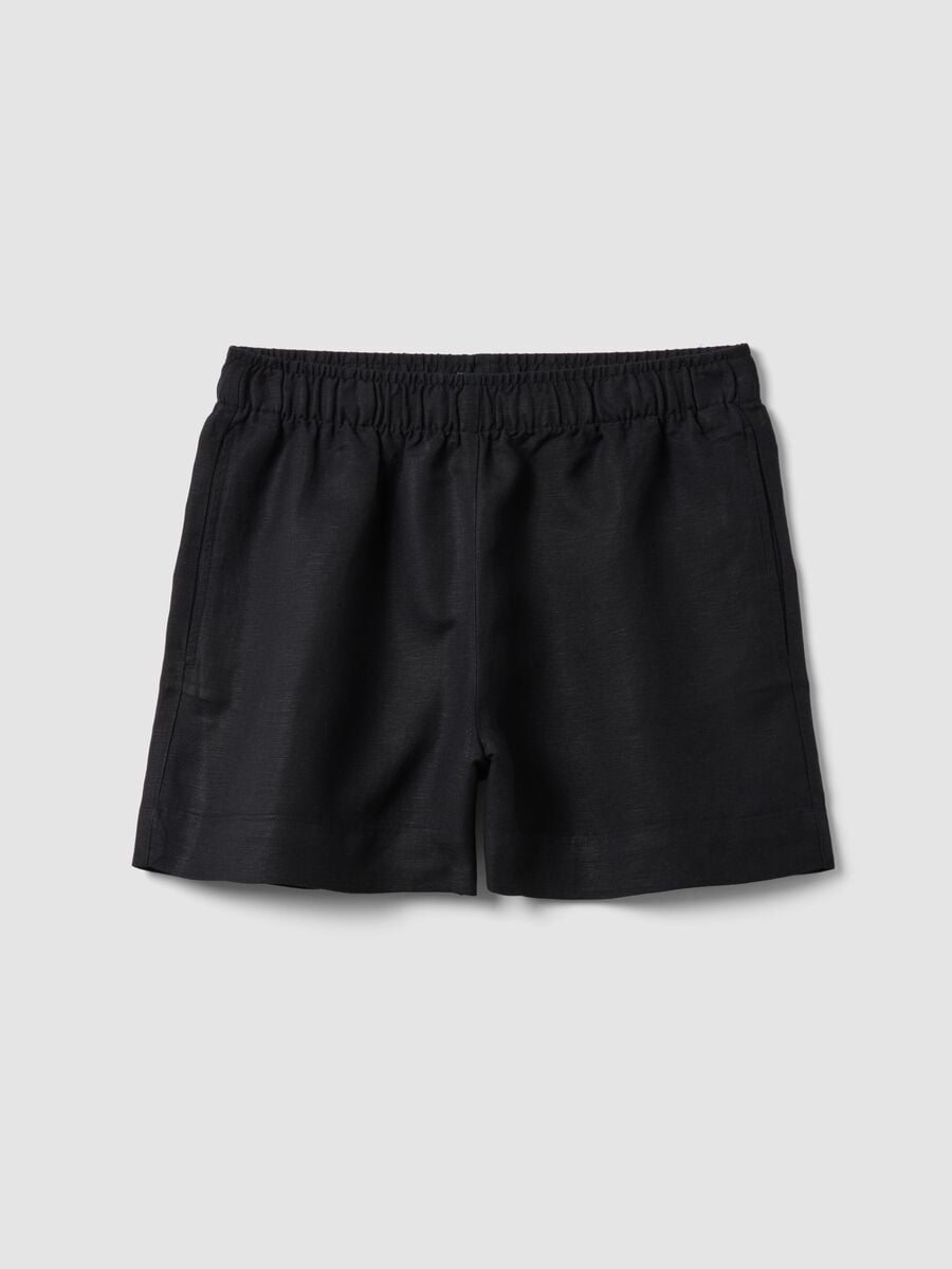 Shorts neri in misto lino e viscosa con vita elasticizzata regular fit_4