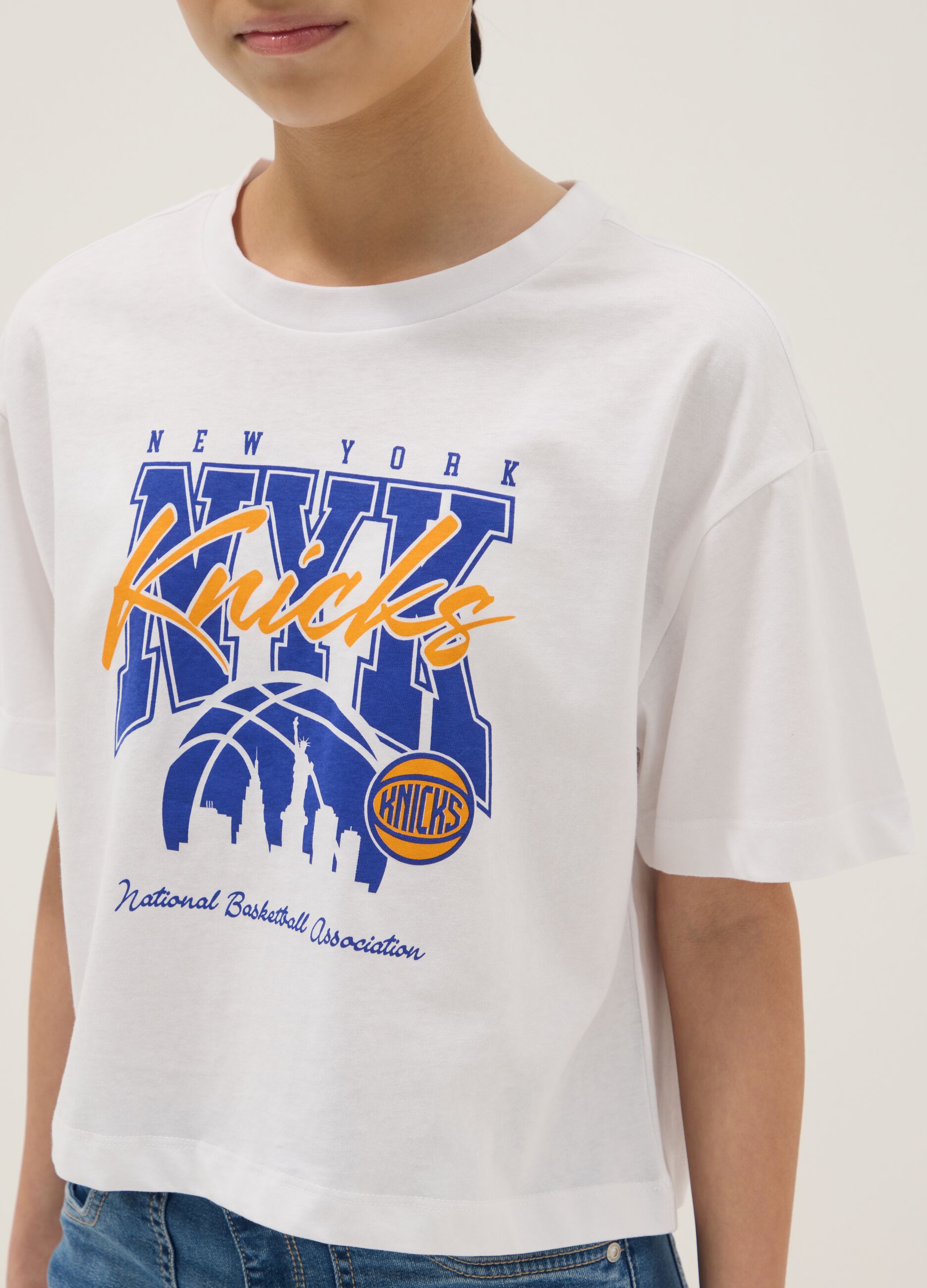 Girl's Regular Fit White Pure Cotton T-shirt New York Knicks