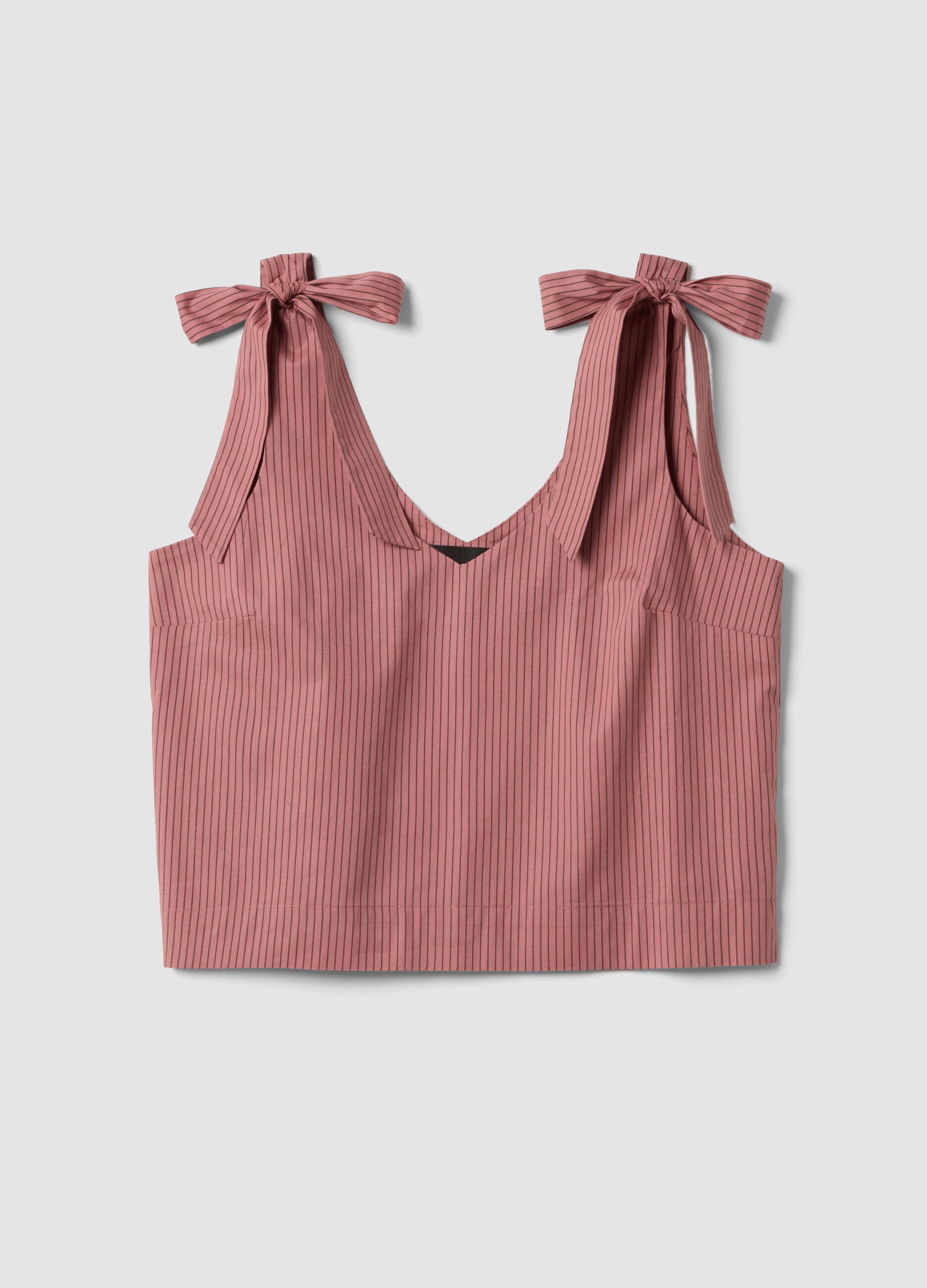 Pink stretch-cotton blouse with tie shoulder straps