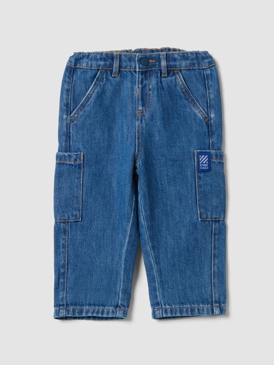 Pantaloni blu in denim cargo in misto cotone e viscosa per bimbo_0