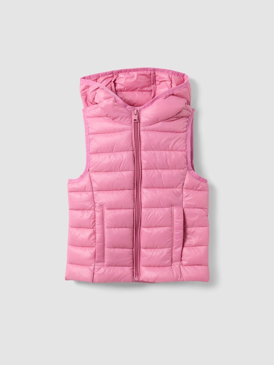Gilet rosa imbottito con cappuccio e zip per bambina_0