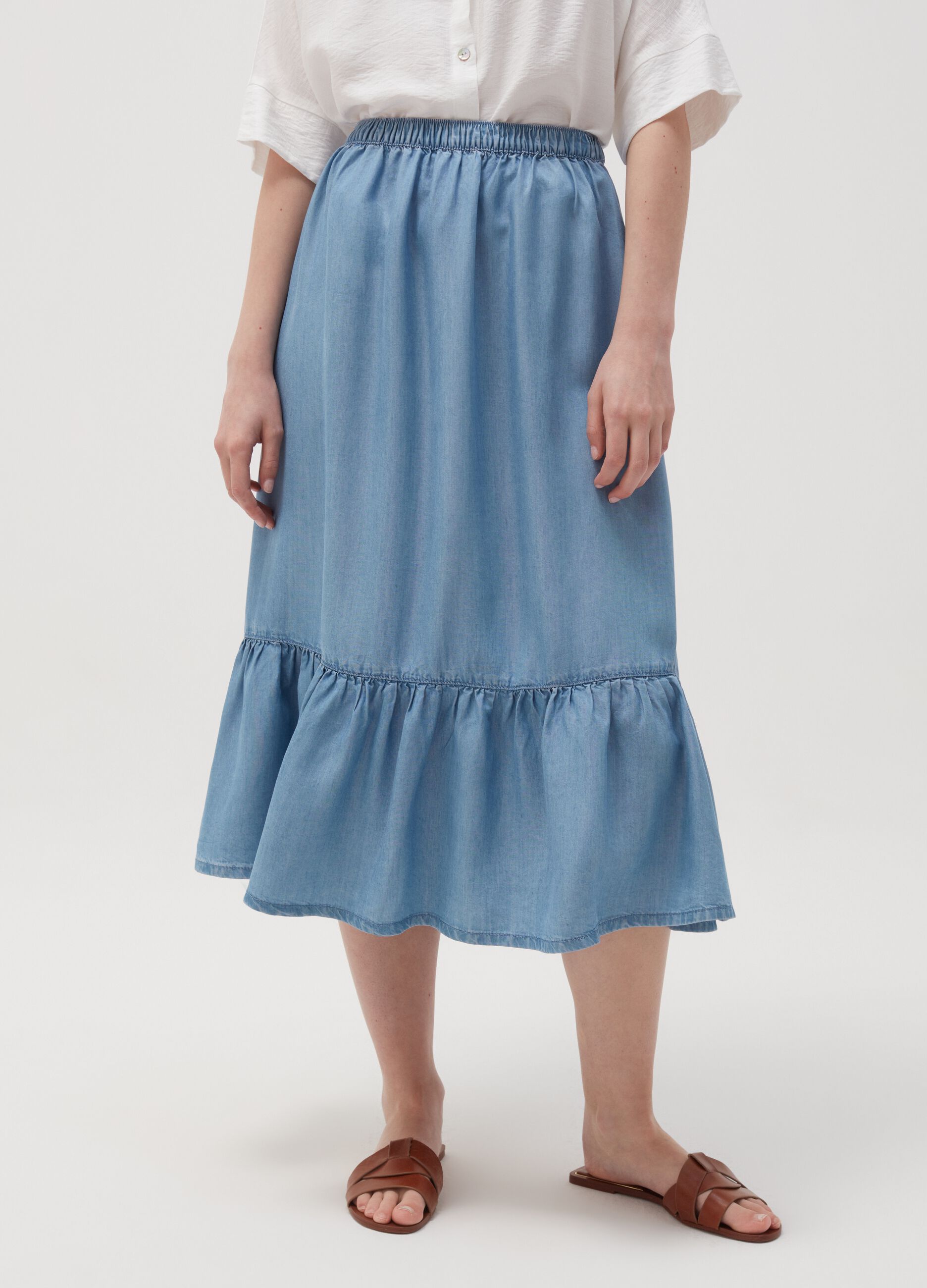 Midi skirt with denim-effect flounce