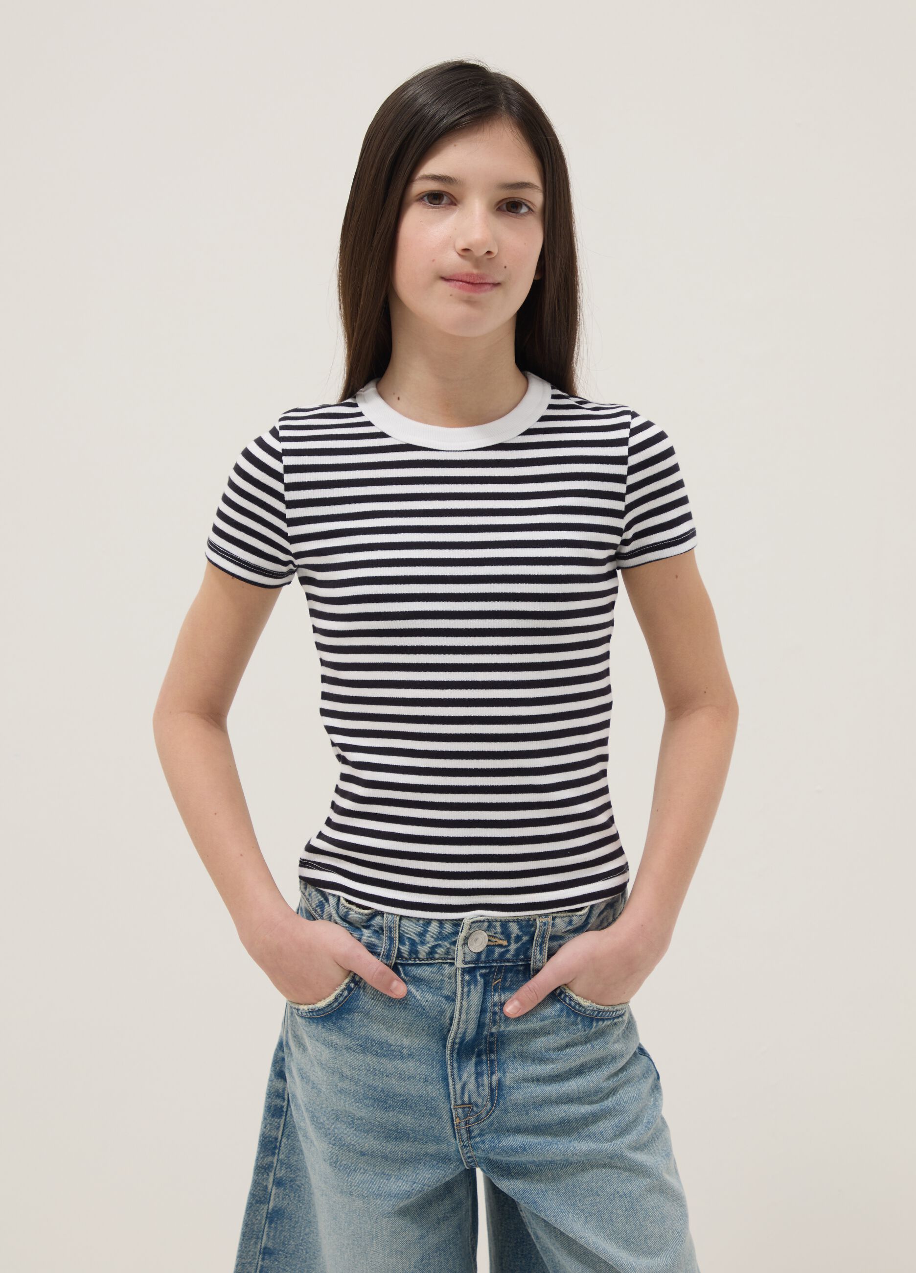 Slim fit multicolour striped stretch cotton girls' T-shirt