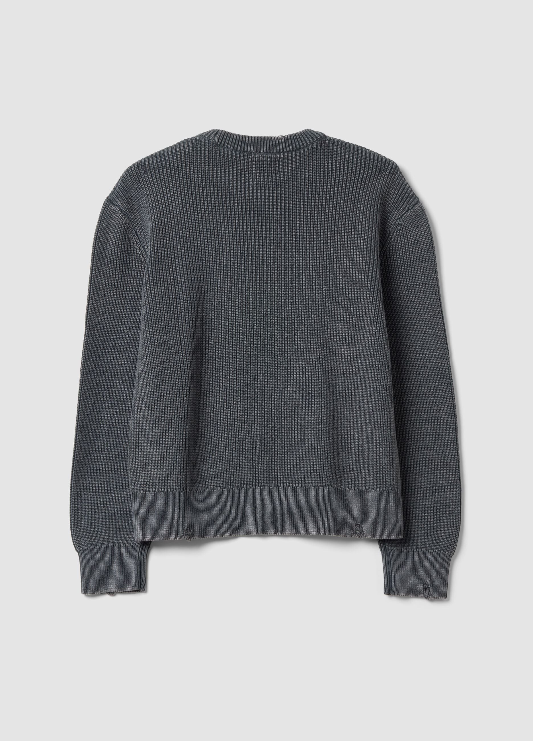 Grey pure cotton ribbed crew-neck jumper, regular fit