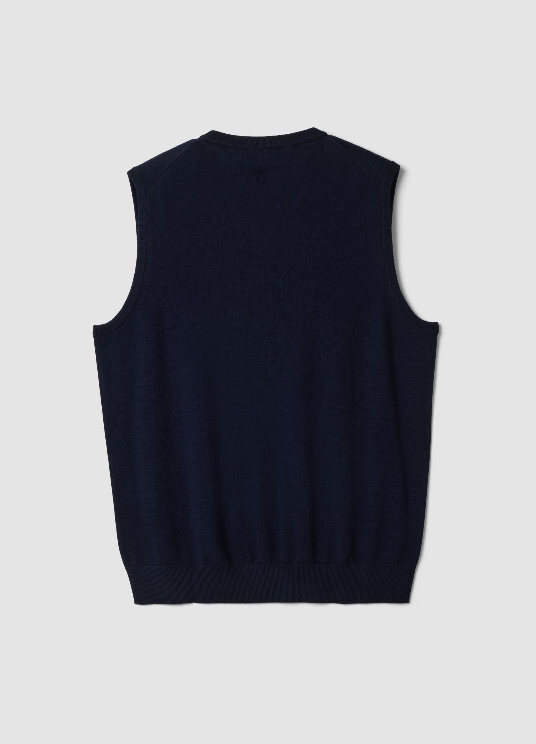 Navy blue pure merino wool gilet with deep V-neck, regular fit