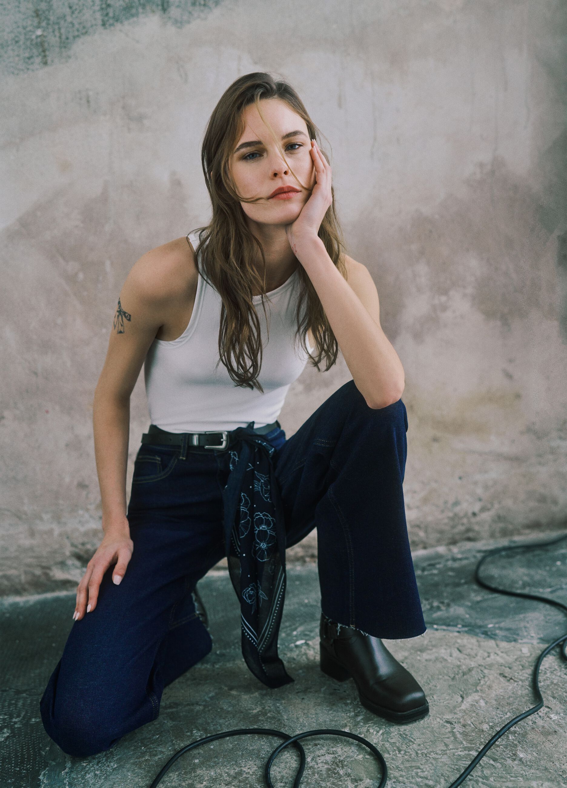 Blue Stretch Cotton Wide Leg Jeans