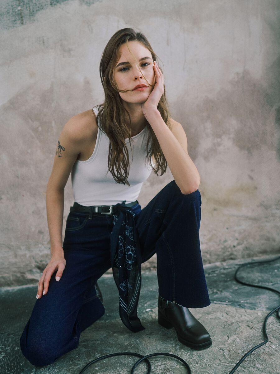 Blue Stretch Cotton Wide Leg Jeans_0