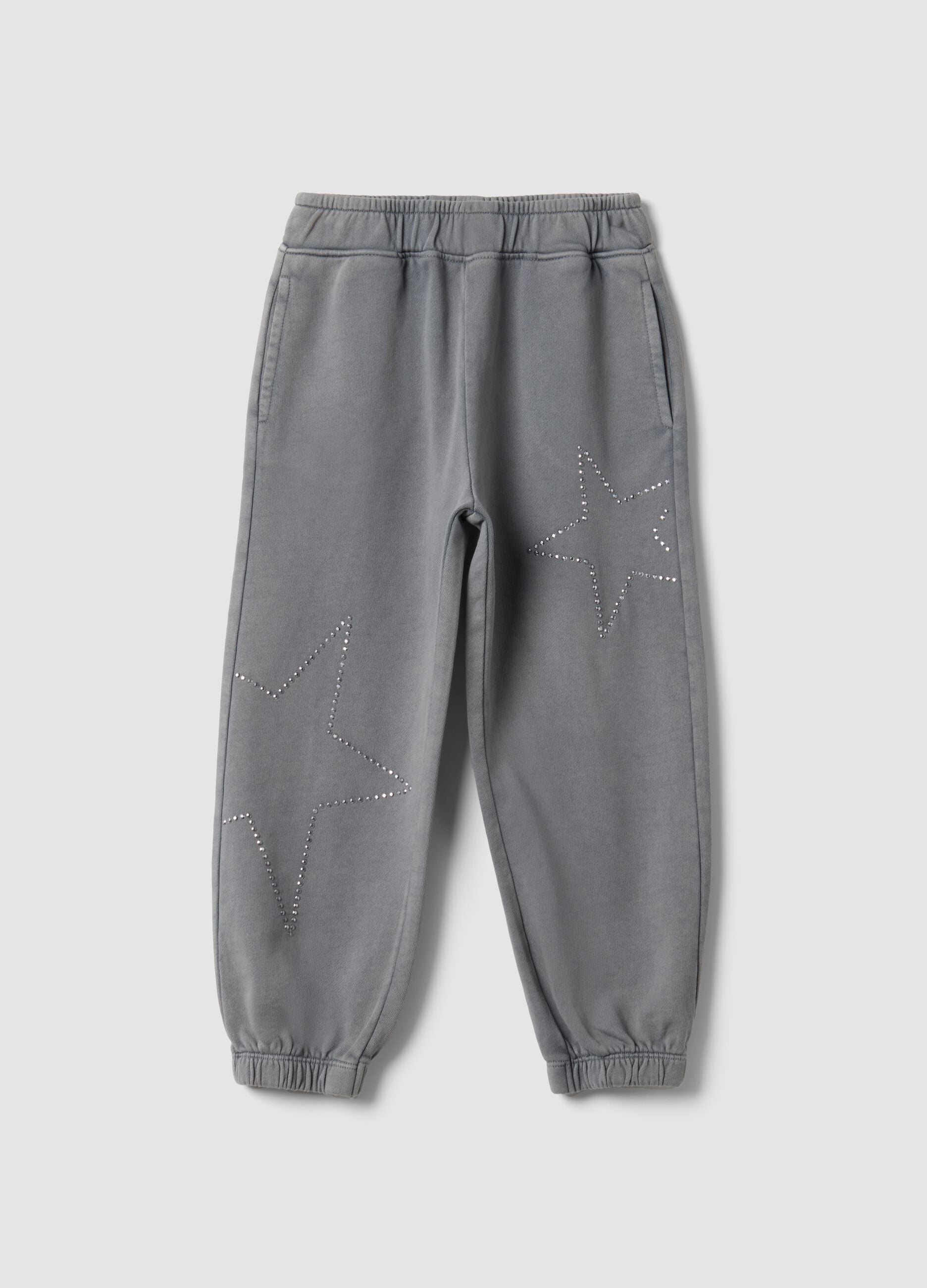 Grey pure cotton joggers with rhinestones for girls