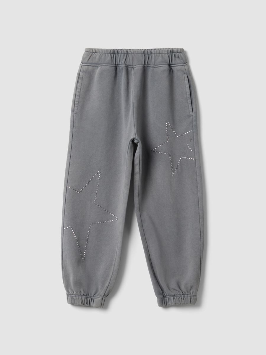 Pantaloni jogger grigi in puro cotone con strass per bambina_0