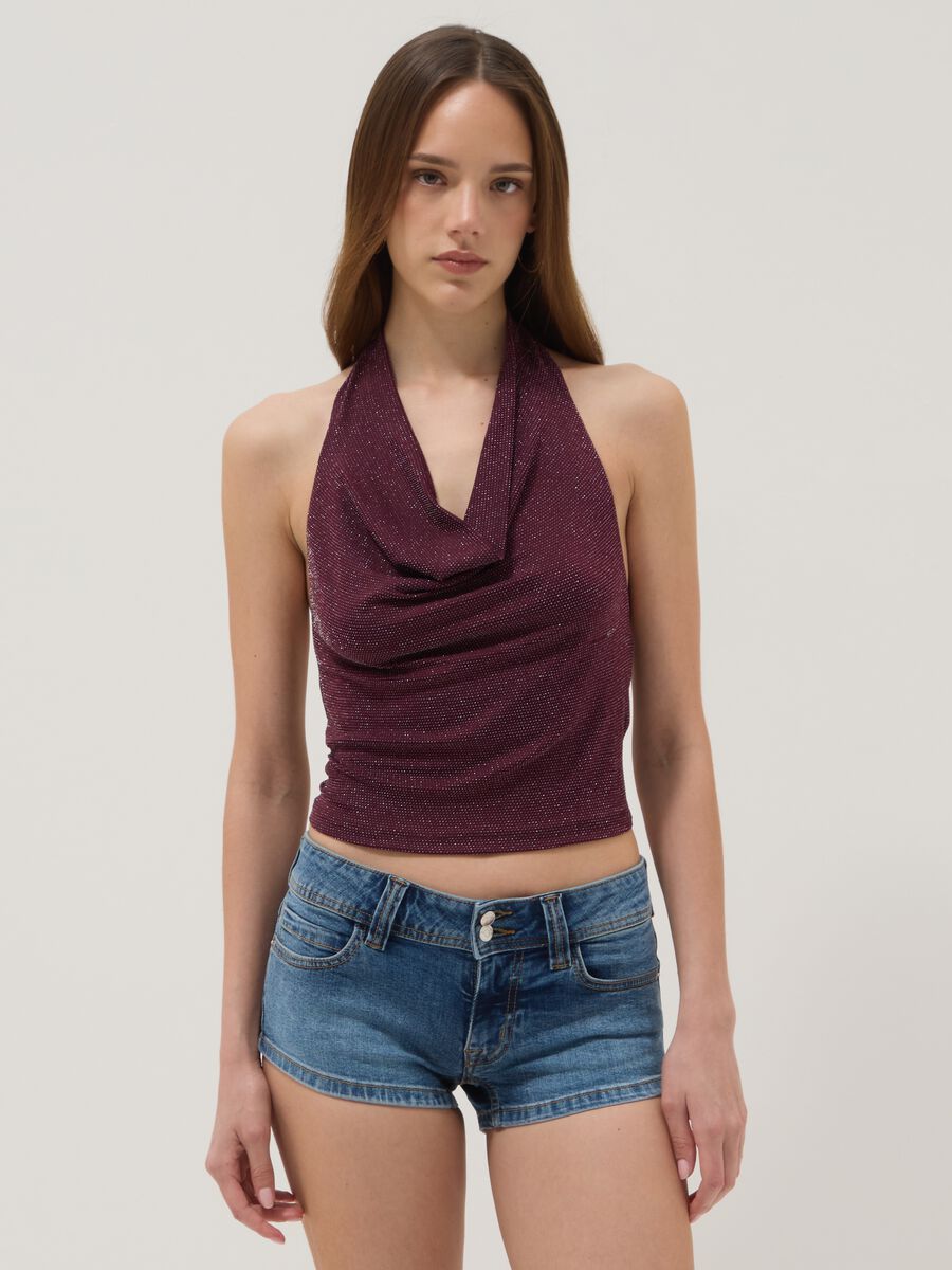 Purple stretch-fabric tank top with soft draped neckline_1