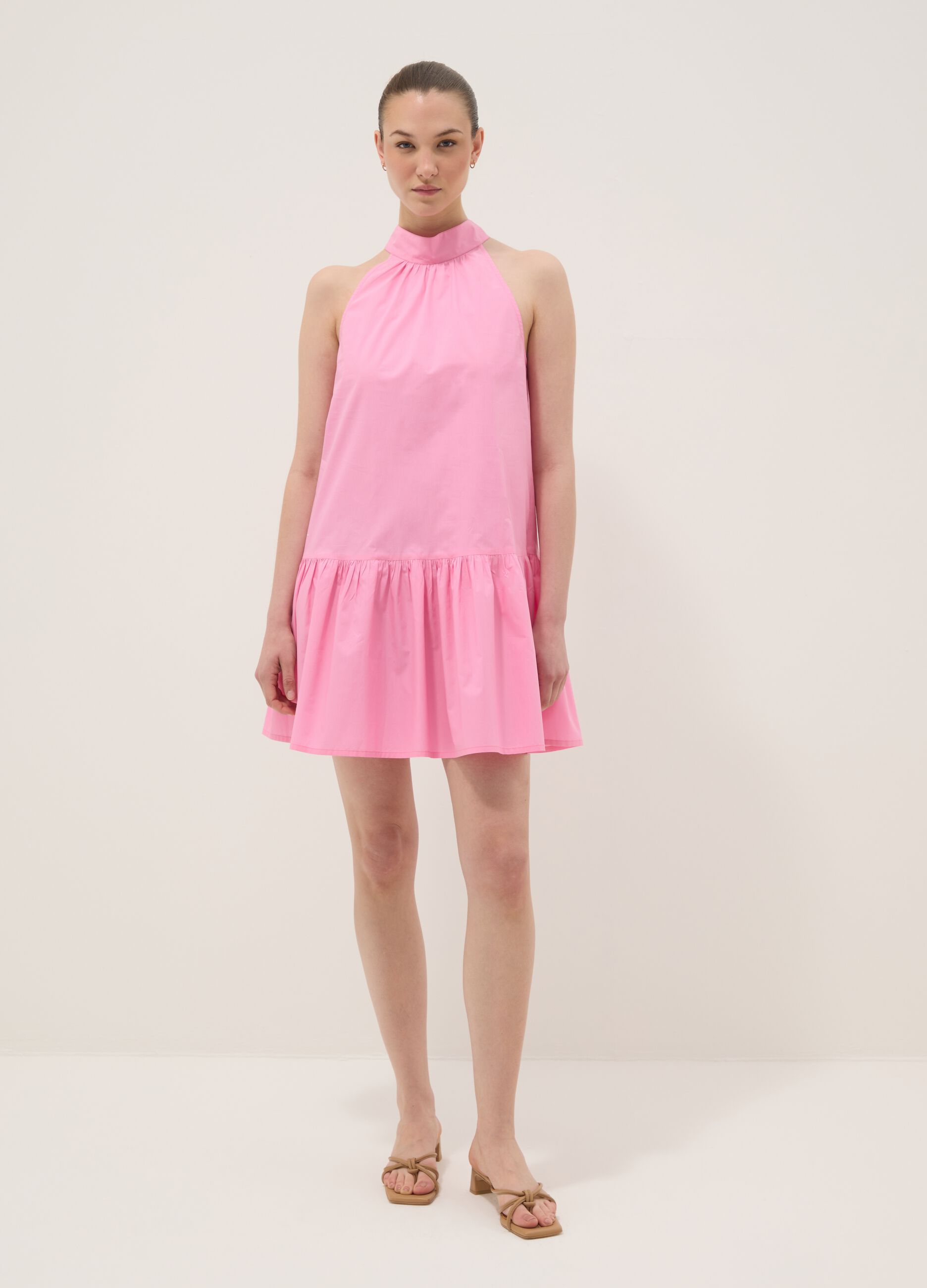 Pink pure cotton mini dress with high neck