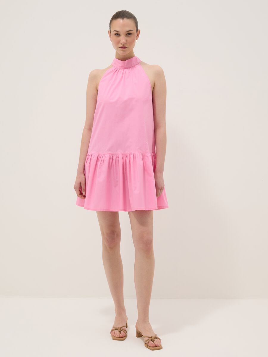 Abito mini rosa in puro cotone con collo alto_1