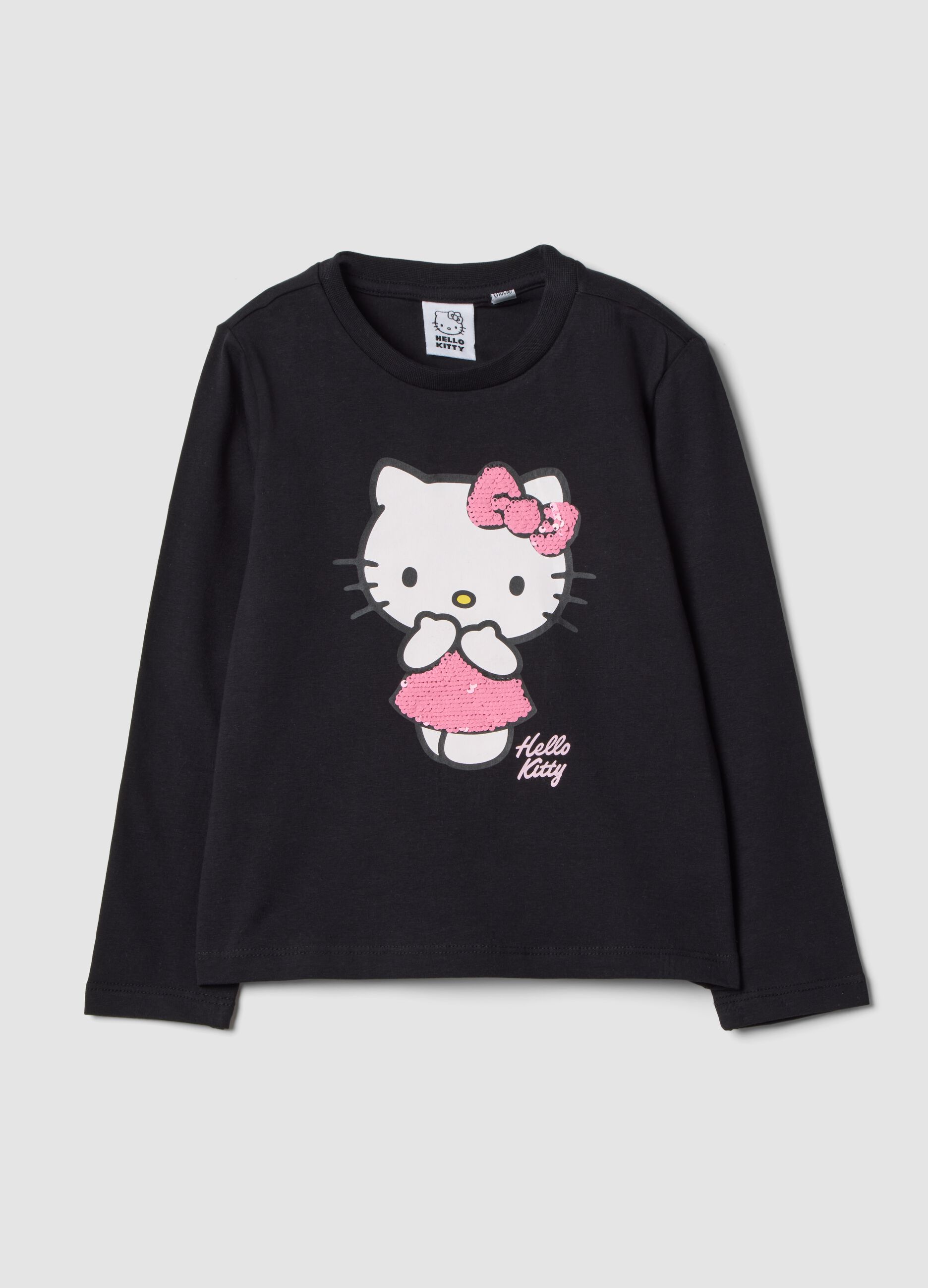T-shirt nera in cotone elasticizzato con stampa Hello Kitty per bambina
