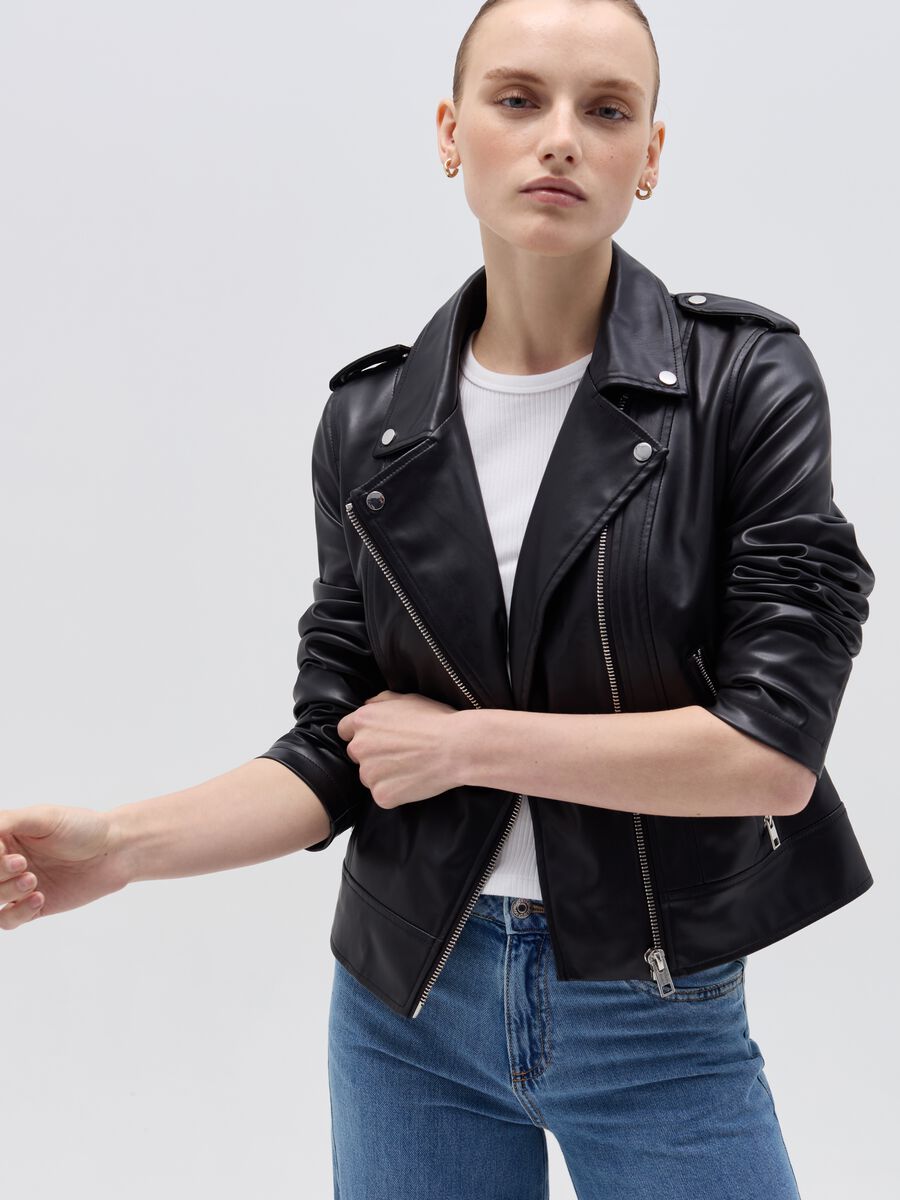 Glossy-effect biker jacket with zip_0